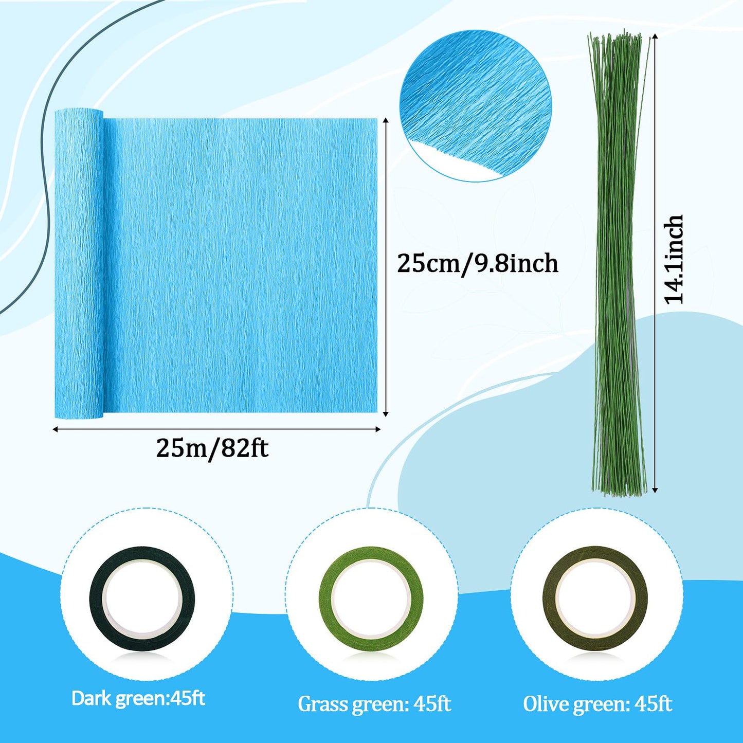 Gilprop 116 Pcs Crepe Paper Flower Stem DIY Kits Set, Include 9.8 x 98 in Crepe Paper Sheet 14.76 Ft Floral Iron Wire for Flower Making Birthday Parties Weddings Festival Decor(Blue)