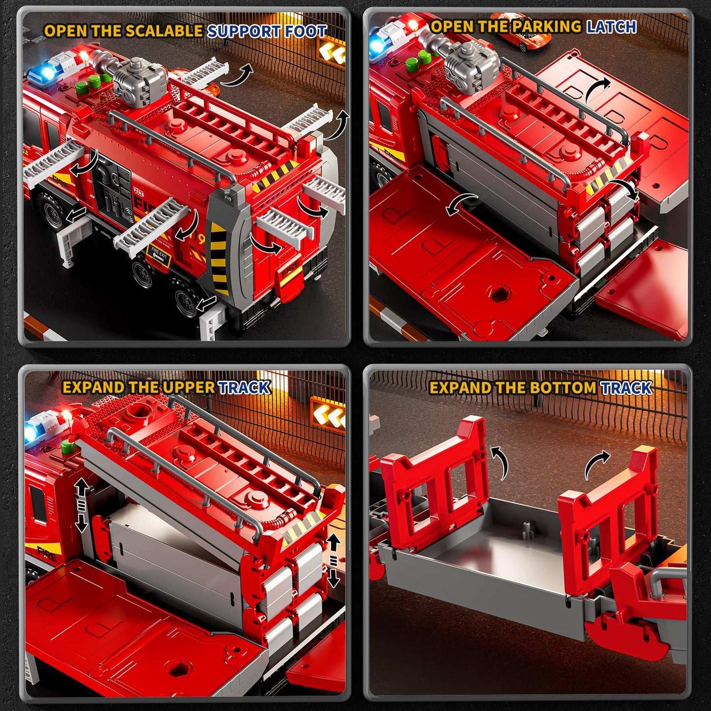 DULONIME Fire Trucks for Toddlers 1-3, Firetruck Toys for Toddlers 1-3 3-5, Folded Carrier Truck Race Track with 6 Racing Car Toys, Light Sound, Birthdays for Kids Girls Aged 3-9