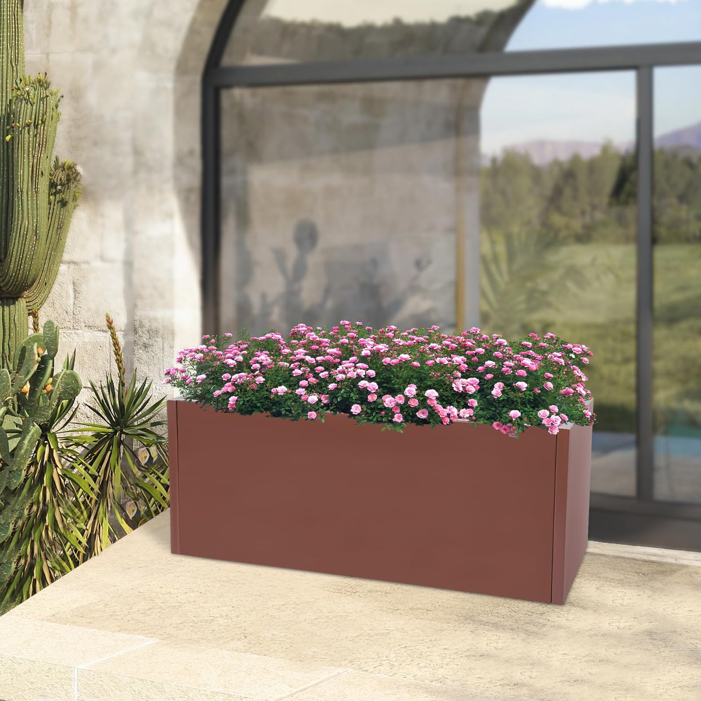 LIYABIN 38'' Large Planter Box, Steel Rectangular Elevated Plant Container with Drainage Holes Rustproof & Heavy Duty for Outdoor Modern, Patio, Balcony, Yard & Indoor Greenery (Brown)