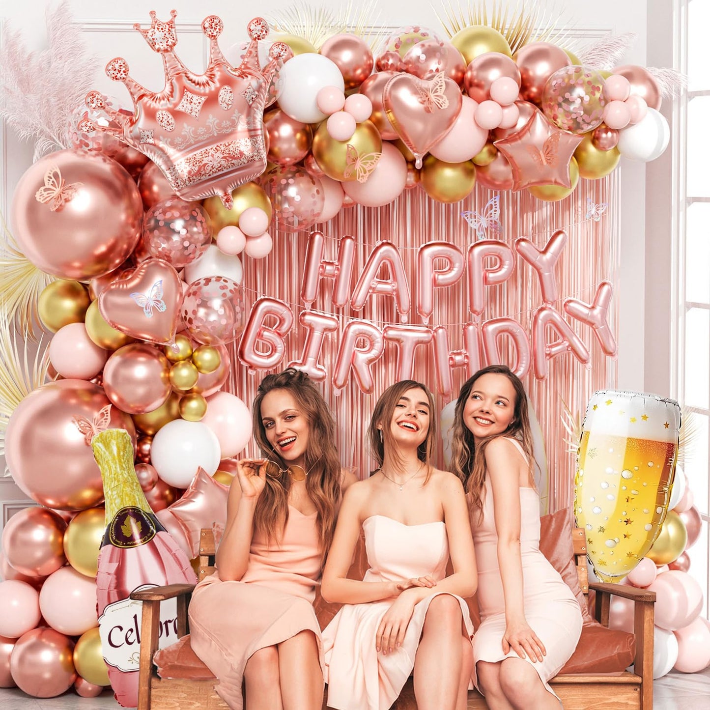 Rose Gold Birthday Decorations for Women, Happy Birthday Decorations with Fringe Curtains, Butterfly Decorations,Rose Gold Balloon Arch Kit for 16th 21st 25 30 40 50th Birthday Decor