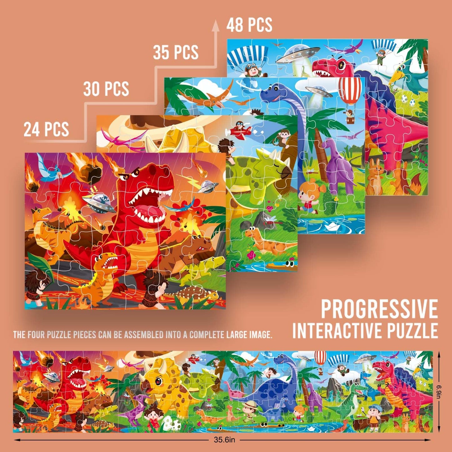 Dinosaur Puzzles for Kids Ages 3-8，4 Pack Progressive Jigsaw Puzzles (24/30/35/48 Pieces) for Toddlers & Children，Educational Floor Puzzles for Gifts