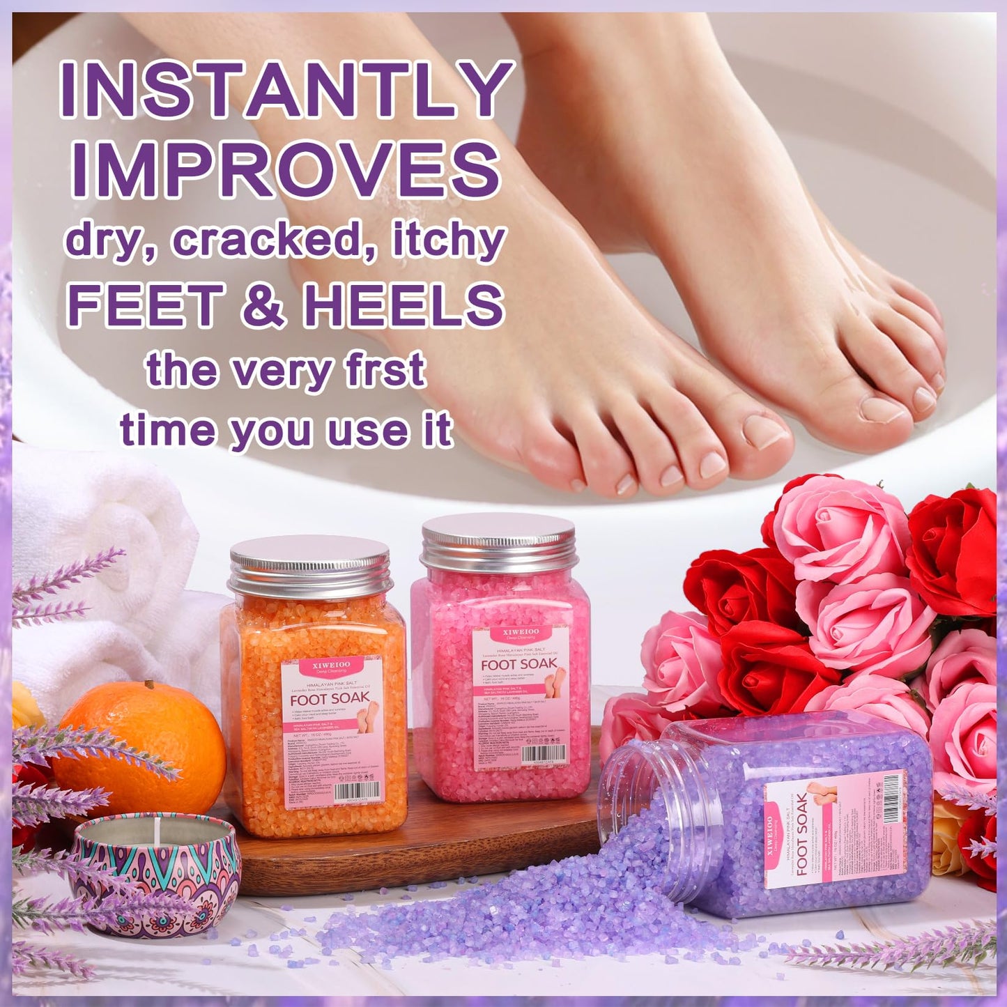 XIWEIOO Himalayan Pink Salt Kit Pack of 2 Natural Foot Soak Salts Epsom Salt Essential Oils Lavender Orange Rose Scent Dead Sea Salt Moisturizing Skin Tea Tree Oil Care Christmas Gifts for Women