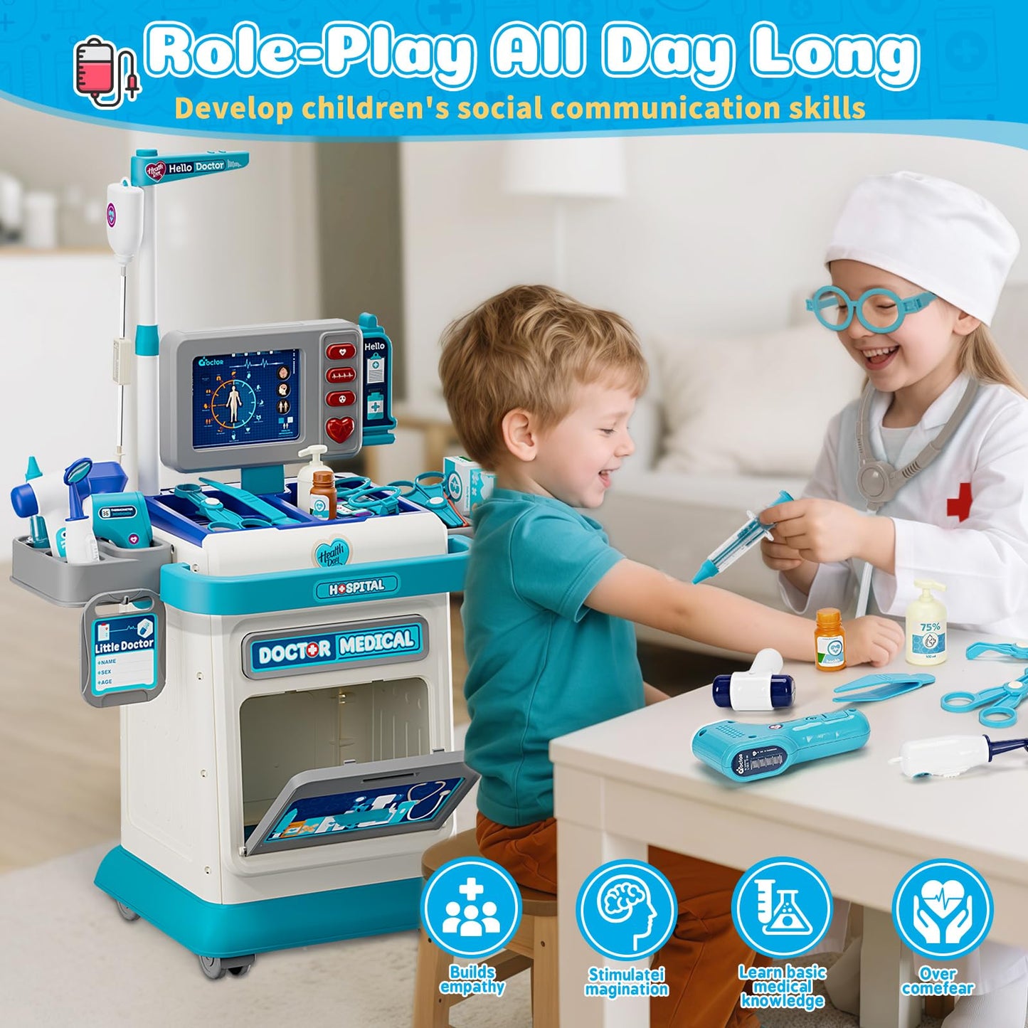 Doctor Kit for Toddlers 3-5, Pretend Doctors Play Set with Cart, Costume and Stethoscope for Kids Aged 3 4 5, Role Play Medical Toys for Girls Boys, Christmas Birthday Educational Gift for Toddler