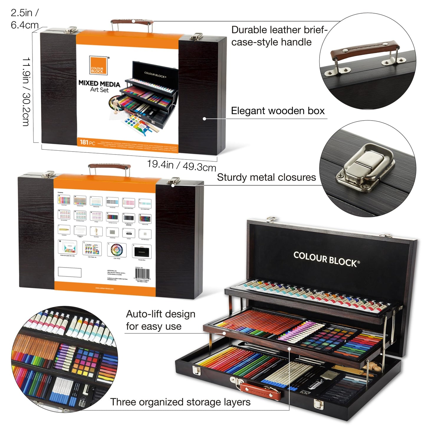 COLOUR BLOCK 181-Piece Mixed Media Art Set in Wooden Case for Drawing Sketching Painting, Soft Oil Pastels, Acrylic Watercolor Paints, Pencils, Art Supplies Kit for Artists, Professional, Adults, Beginner