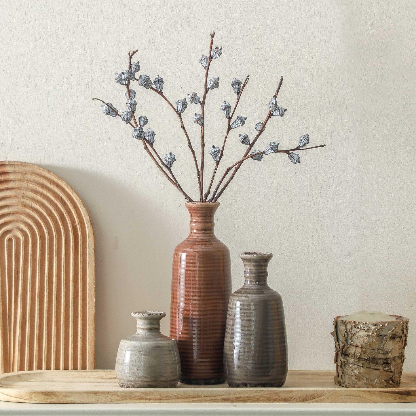 Ceramic Vases Set of 3, Neutral Rustic Farmhouse Vases Home Decor Decorative Flower Vase Modern Boho Pampass Vase for Table Mantel Entryway Shelf Living Room Kitchen Bathroom - Brown