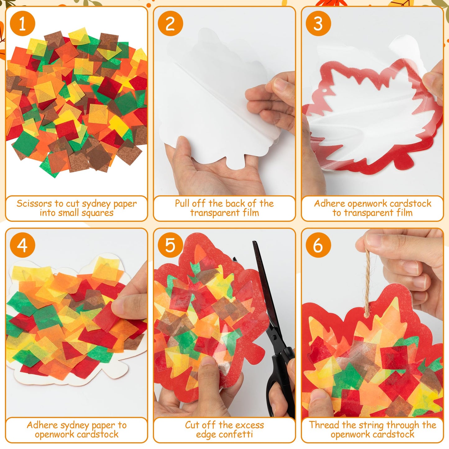 CJiangpo 24 Sets Fall Maple Leaves Suncatcher Paper Craft Kits, DIY Stained Glass Effect Window Ornament Rainbow Tissue Paper Art Craft Classroom Activities Supplies Thanksgiving Party Decor