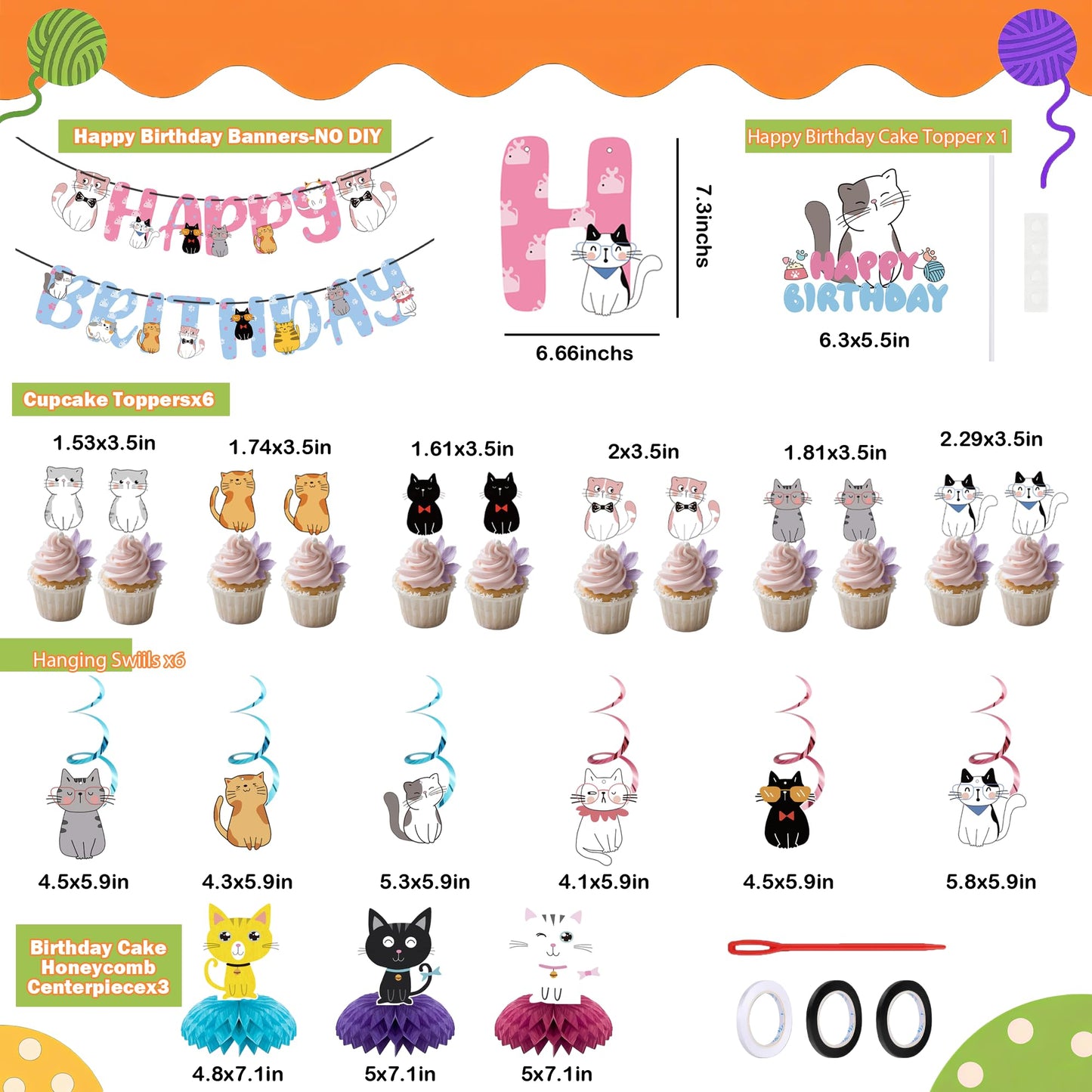 Cat Theme Birthday Party Supplies,15 PCS Happy Birthday Banner-NO DIY,6 Hanging Cutouts,6 Hanging Swirl Decor,1 Cake Topper,12 Cupcake Toppers,3 Birthday Honeycomb Party Decoration
