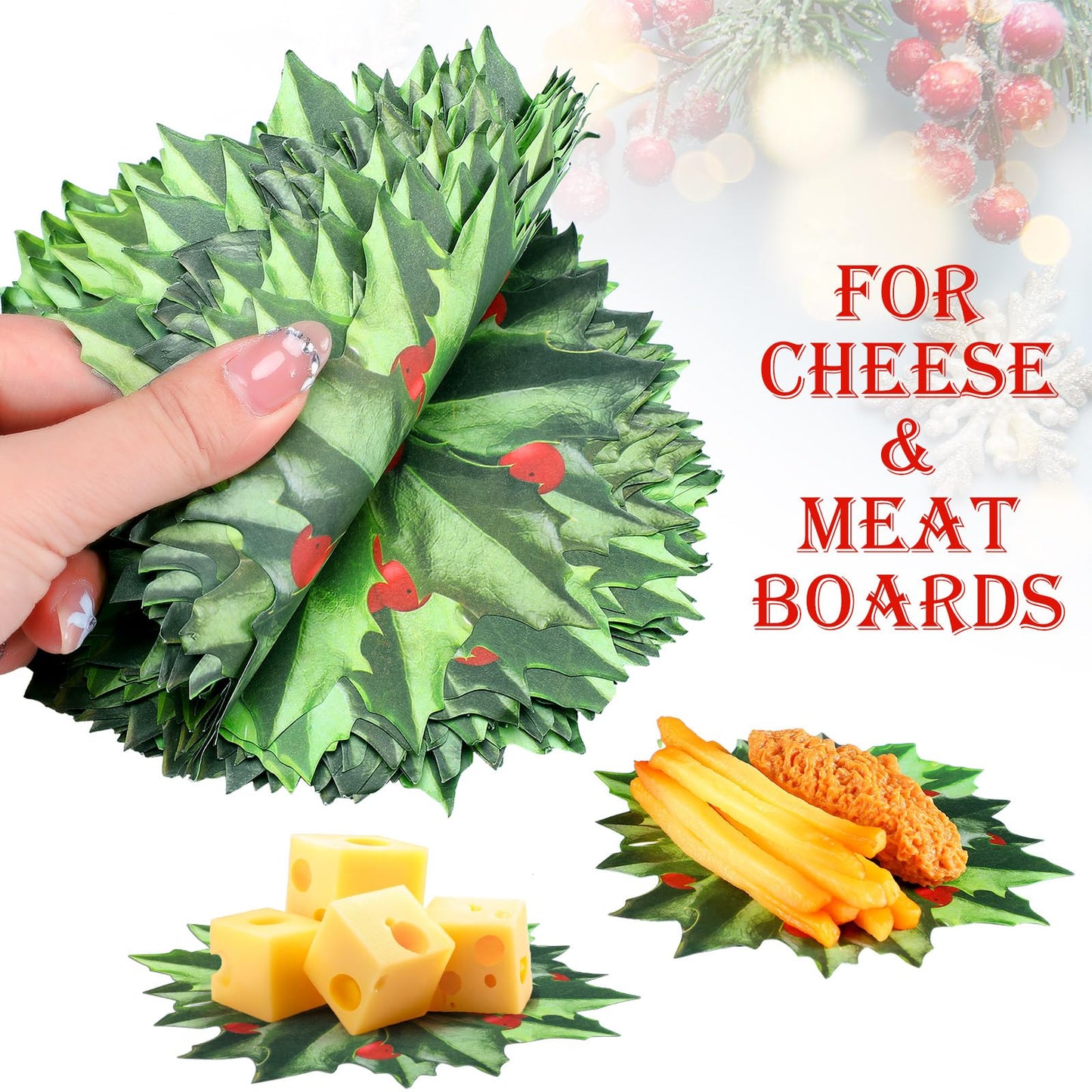 Trandraft 100 Pcs Christmas Parchment Paper Holly Berry Leaves Cheese Paper 6 Inch Double Sided Xmas Disposable Charcuterie Paper for Kitchen Holiday Party Decorations Table Plate Food Serving