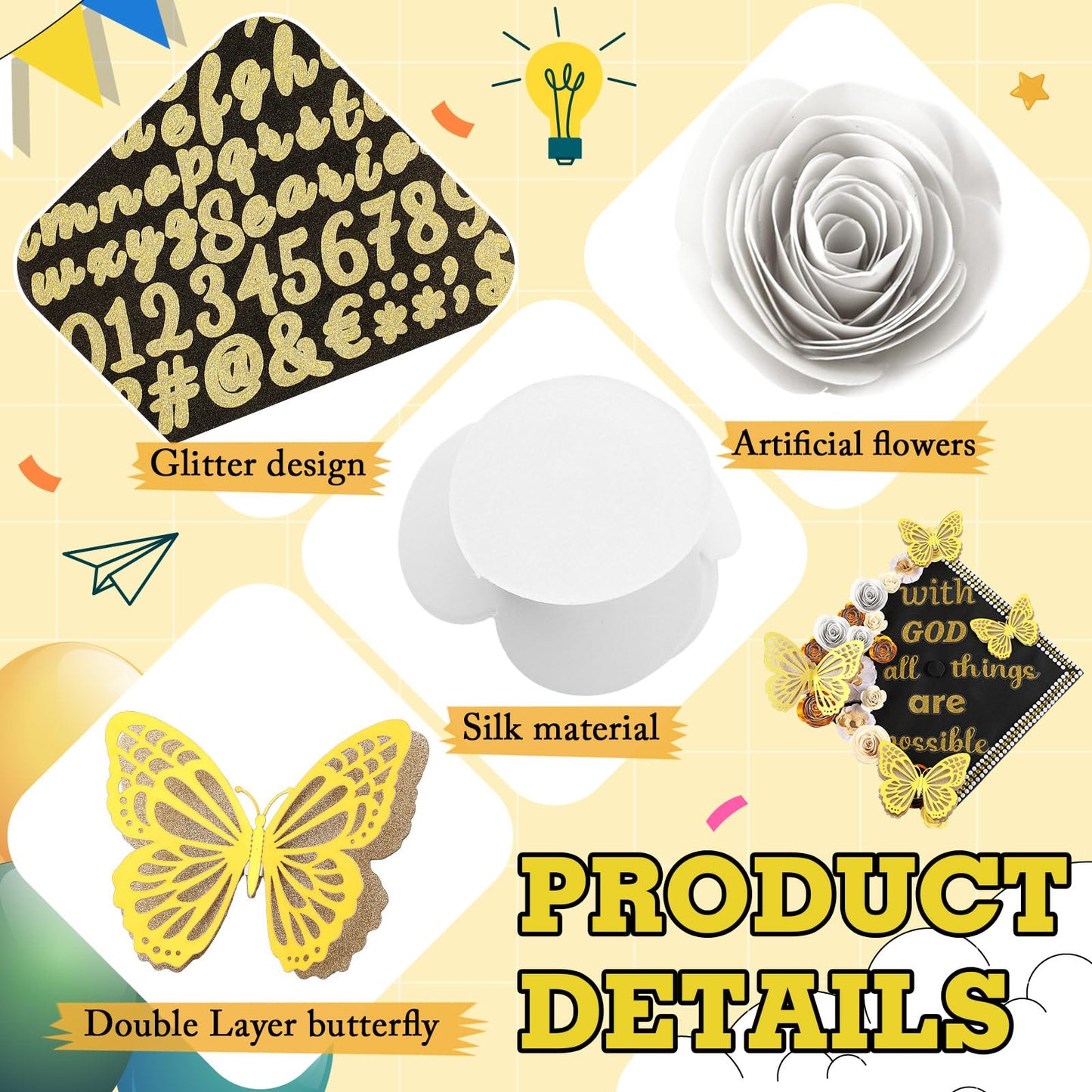 Feifeiya 44 Pcs DIY Graduation Cap Decoration Accessory Kit Faux Paper Flower Head Graduation Quote Glitter Sticker 3D Butterfly Pearl Rhinestone Sticker for Grad Cap Topper Gift(Gold)
