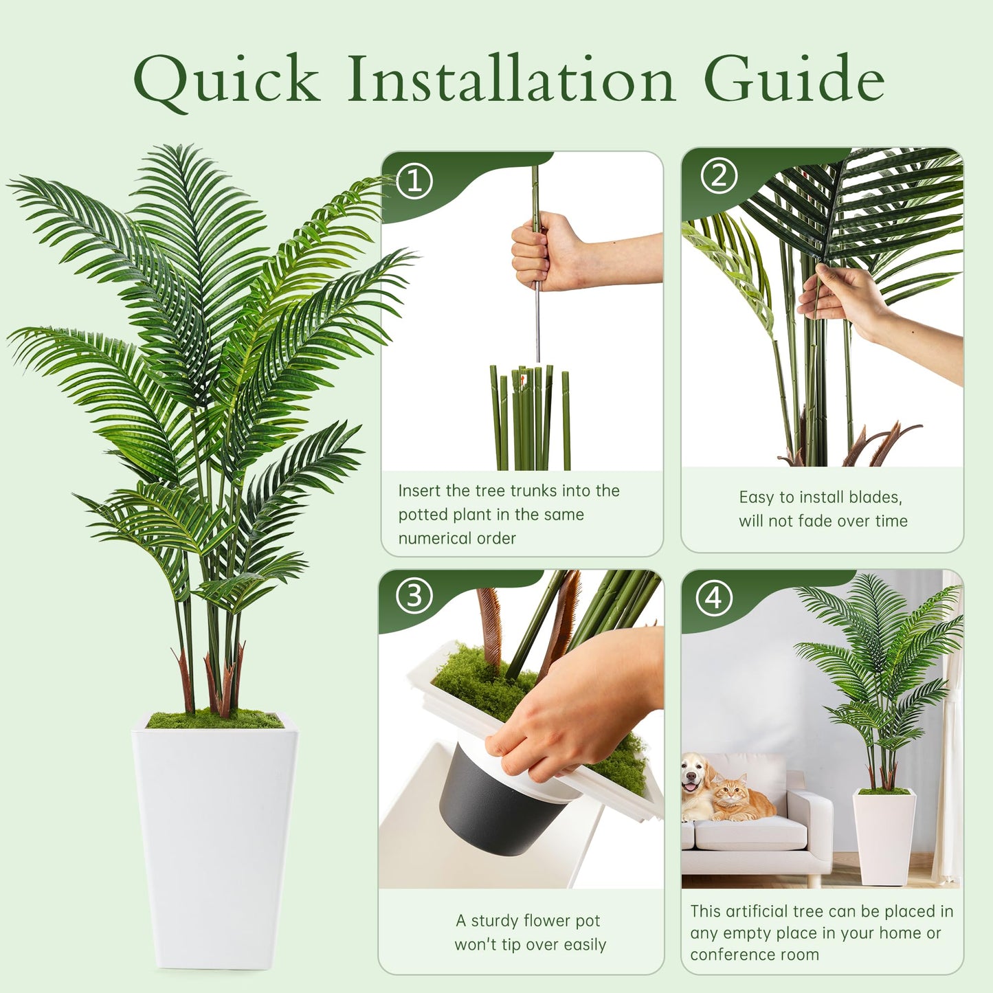 6FT Artificial Palm Tree, Tall Faux Palm Tree Indoor with Fake Plants Tall, Artificial Plants with Lifelike Leaves for Home Office Decor (White)