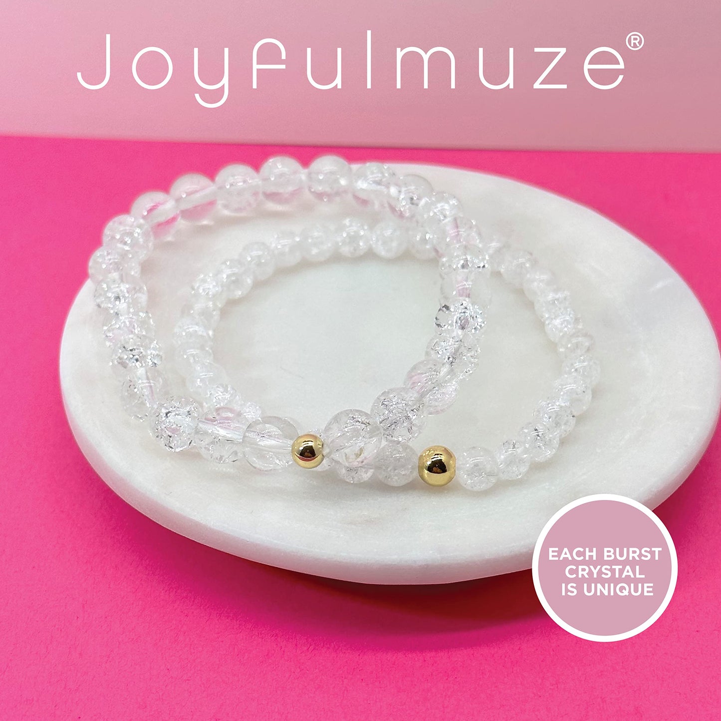 Joyfulmuze Sisters Stretch Bracelets, Burst Clear Quartz Crystal, Chakra Healing Energy, White Natural Stone, Handmade Jewelry Gift for Women, 6.5-7” wrist, 2pc