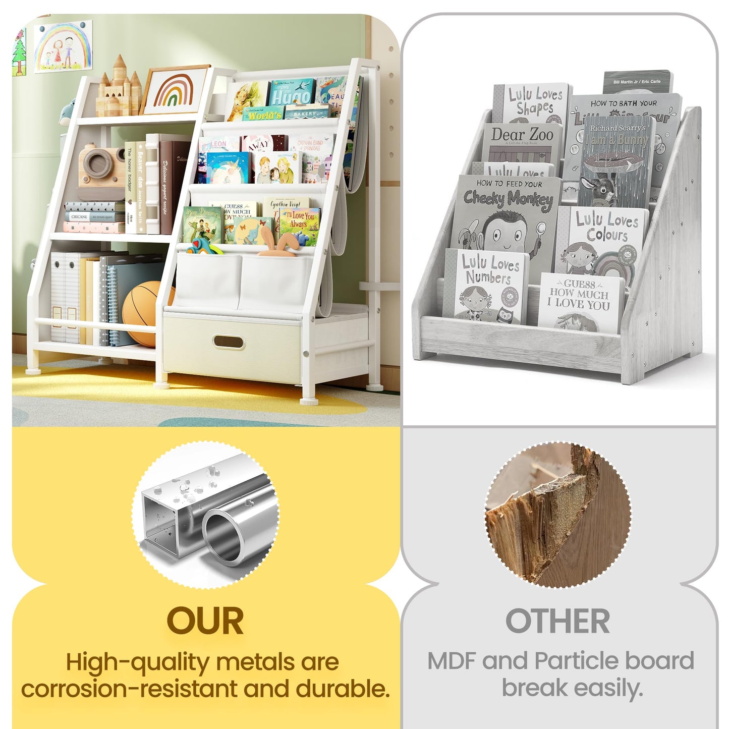 Kids Bookshelf and Toy Storage Organizer: White Book Shelf for Kids Room with Drawer to Storage Books and Toys Organizer - 3 Tire Toddler Bookshelf with 3 Side Pockets for Nursery, Bedroom, Playroom
