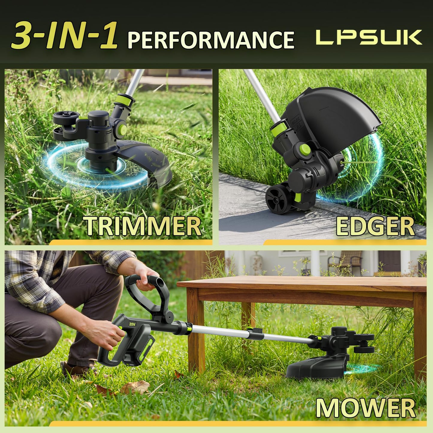 20V Cordless String Trimmer, 2.0Ah Battery Powered with Fast Charger, 12'' Grass Cutter with Auto Line Feed, 3-in-1 Electric Lawn Mower Grass Trimmer & Edger Lawn Tool with 8 Lines for Yard, Garden