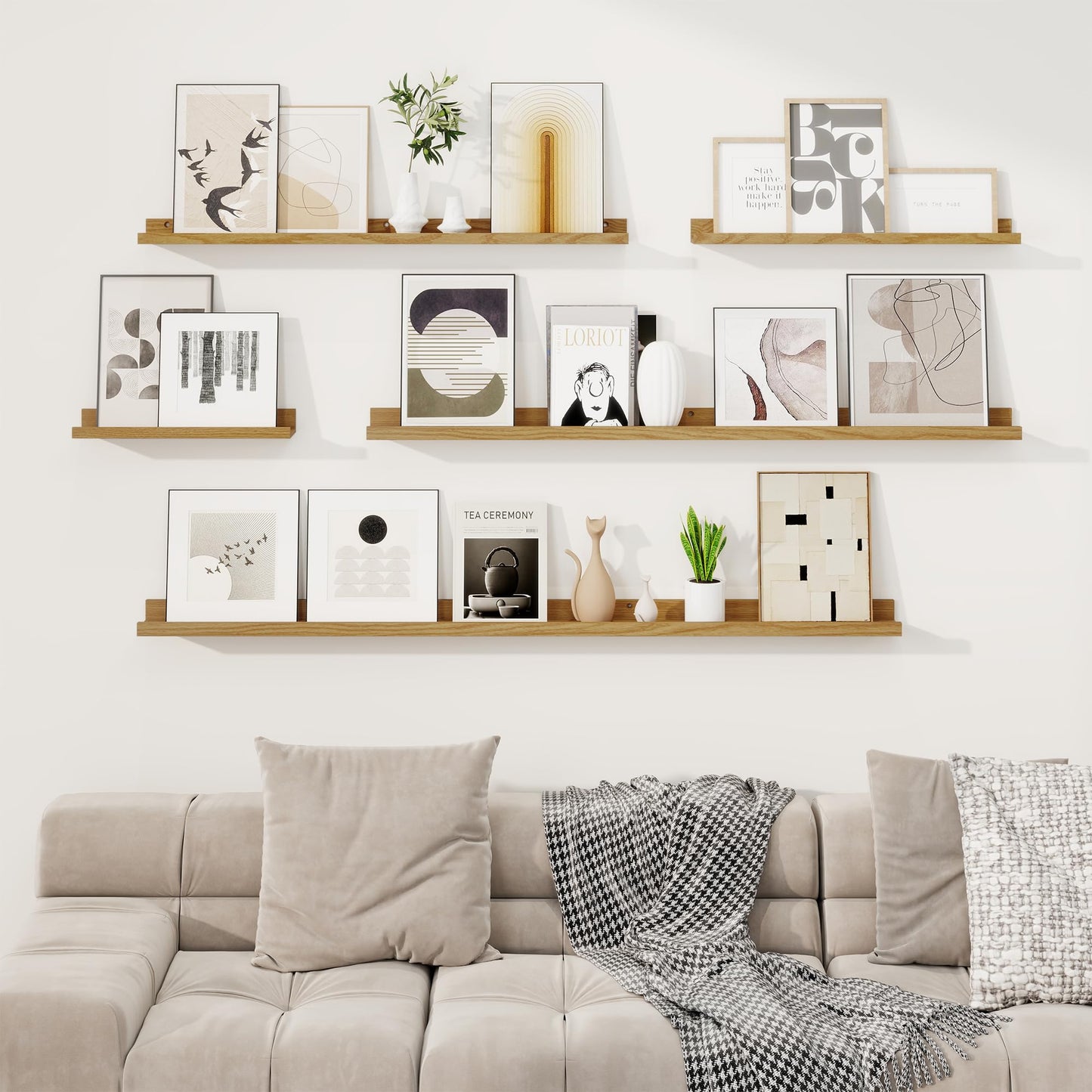 RICHFOCUS Picture Ledge Shelf, 16 inch Floating Shelves Set of 2, Wood Wall Shelves with Lip, Wall Decor Storage for Bedroom Living Room Bathroom Kitchen Nursery Photo Picture, Oak