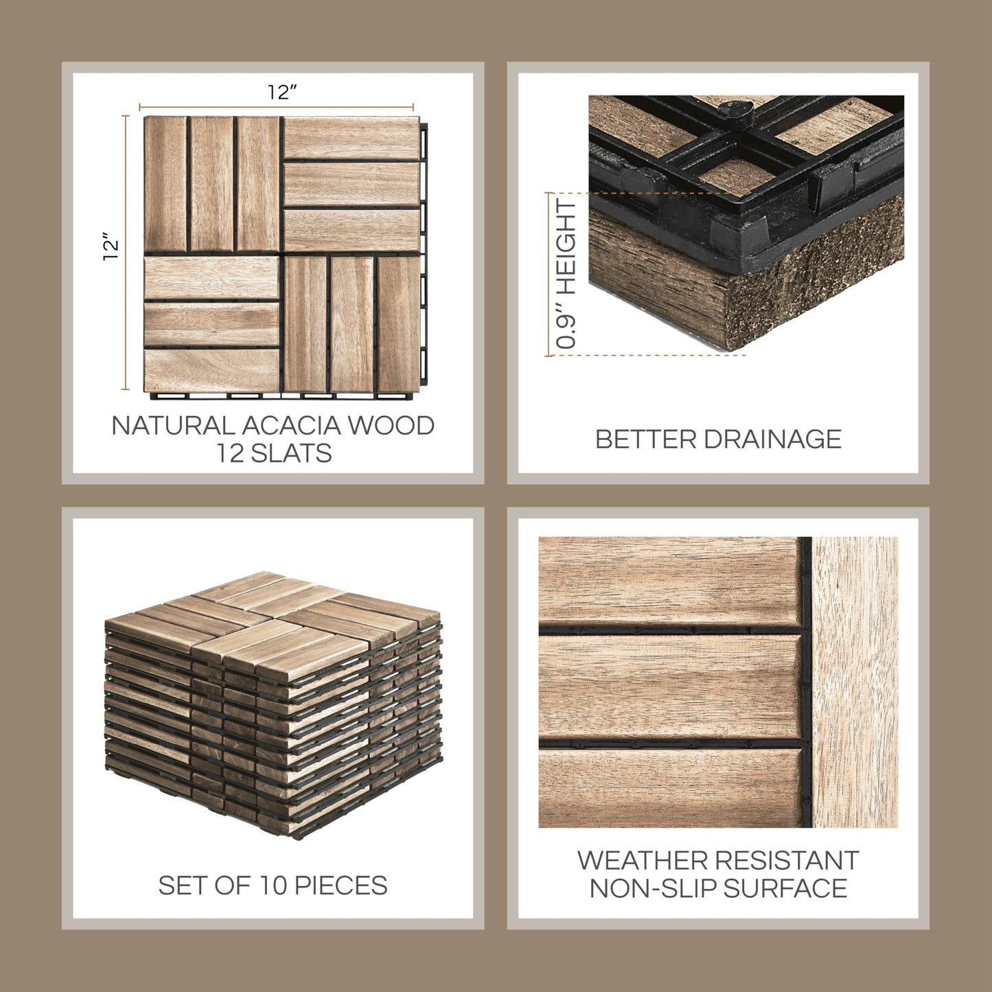 THYOI Premium Deck Tiles, Patio Flooring - Outdoor Waterproof Acacia Wood Tiles for All Weather Use - Balcony, Backyard, Indoor & Outdoor (Square Ft) (10, White, 12S)