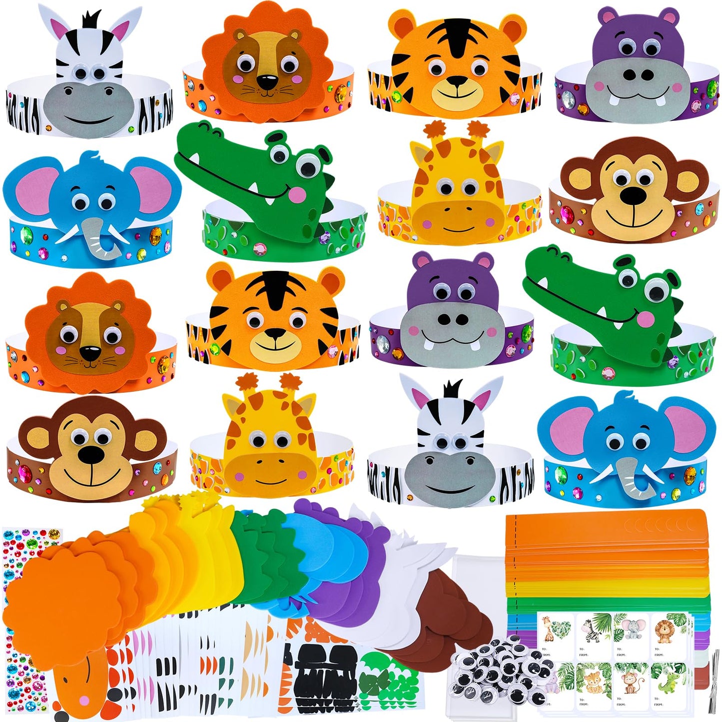 Winlyn 24 Sets Jungle Animal Headbands Craft Kits Safari Crown Art Sets DIY Zoo Party Headbands Foam Stickers Arts and Crafts for Kids Jungle Safari Birthday Activities Party Favors Decorations