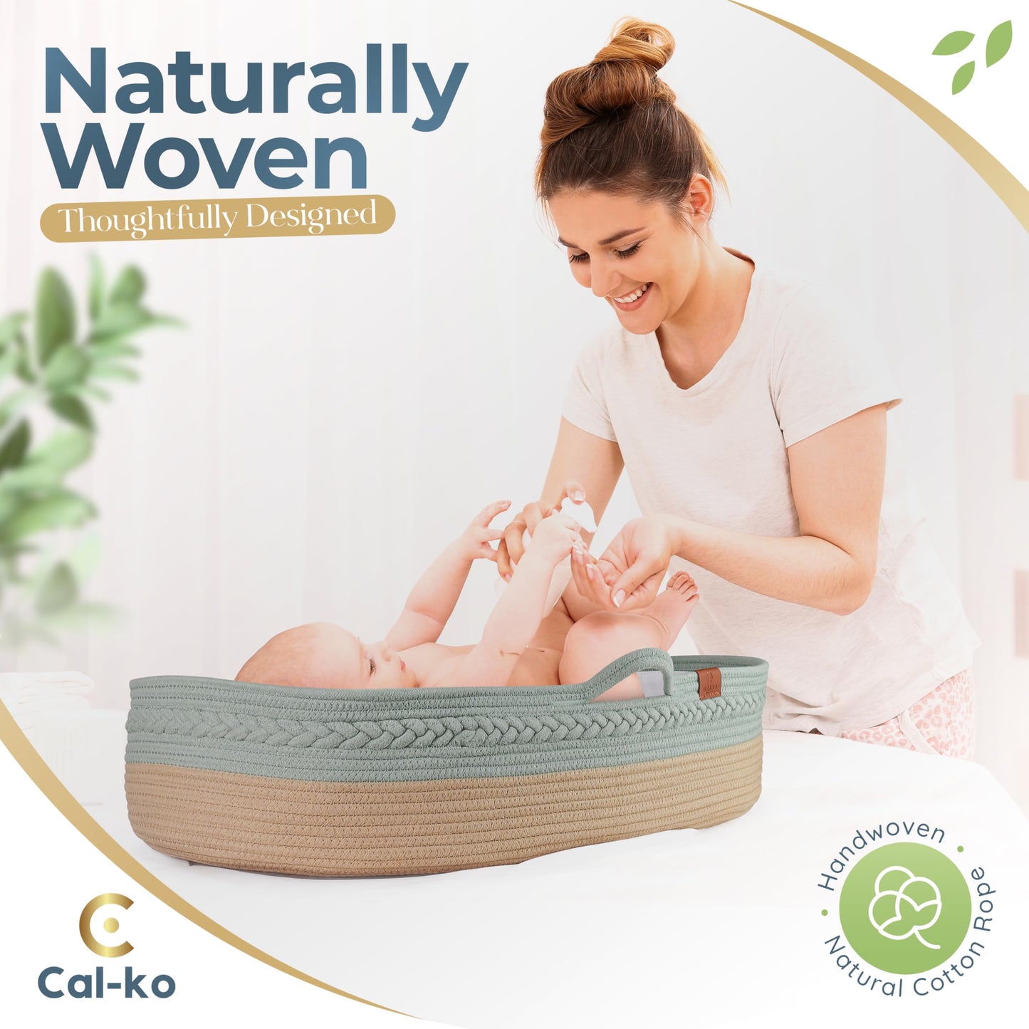 Cal-ko Moses Basket for Newborns – Baby Changing Basket with Waterproof Pad – Reinforced Mesh Sides – Includes Travel Case – Portable Diaper Basket for Dresser Top or Nursery Use (Cotton, Teal)