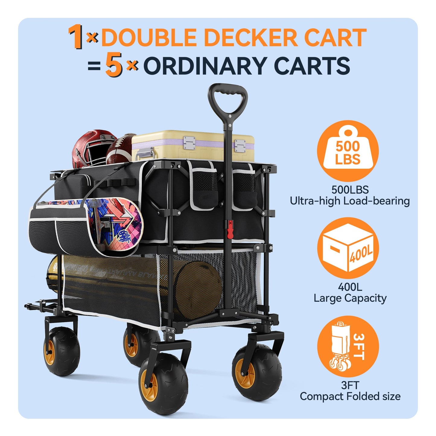 VELUVIA Double Decker Beach Wagon - 500LBS Heavy Duty Beach Cart with 9" Big Balloon Wheels for Sand, All Terrain Sports Wagon Foldable for Family Camping, Fishing, Garden, Outdoor Use, Black