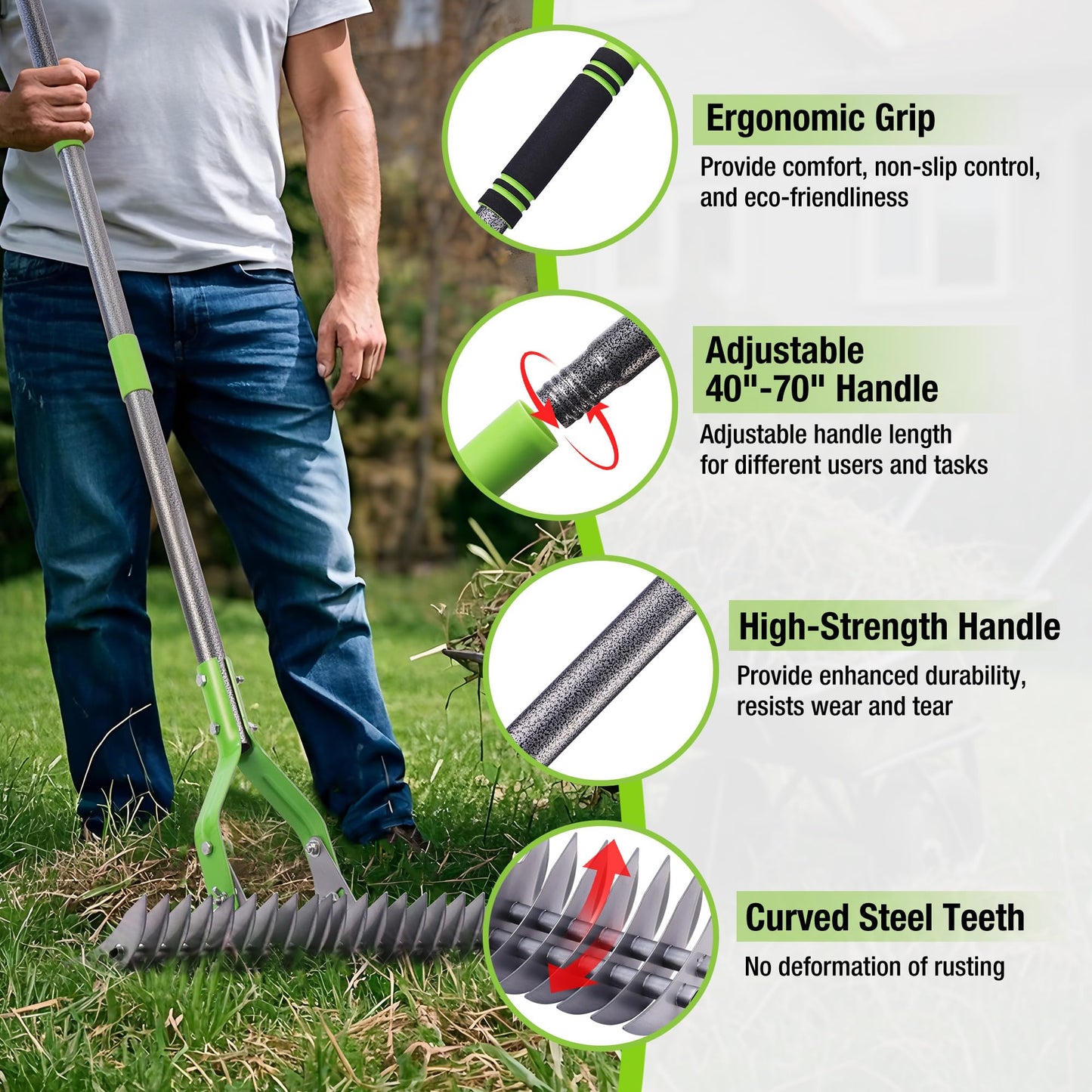 WORKPRO Thatch Rake, 15-Inch Thatching Rake for Lawns, Heavy Duty Dethatcher Rakes with 5FT Handle, Dethatching Rakes with Adjustable Head for Removing Dead Grass and Clippings, Loosening Soil