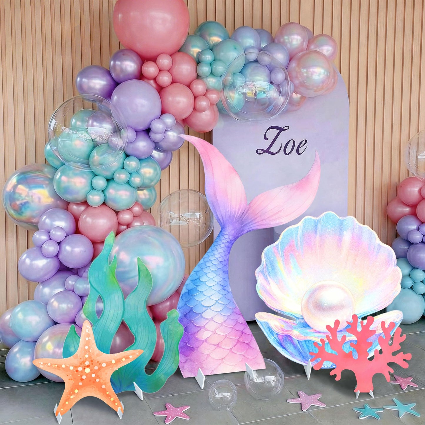 CORALMEE 5 Pcs Large Under the Sea Party Decorations Mermaid Birthday Decorations, Ocean Theme Party Supplies Mermaid Tail Shell Starfish Seaweed Coral Stand Up Cardboard Cutouts for Baby Shower