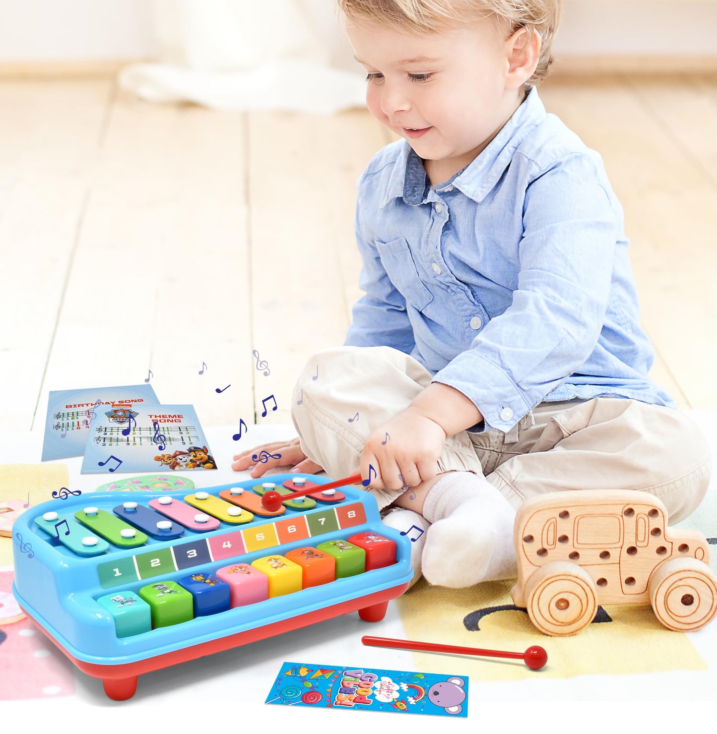 Paw Patrol 2 in 1 Baby Piano Xylophone Toy for Kids Toddlers Girls Boys Musical Instrument with Multicolored Keys Keyboard Sheet Music Two Mallets