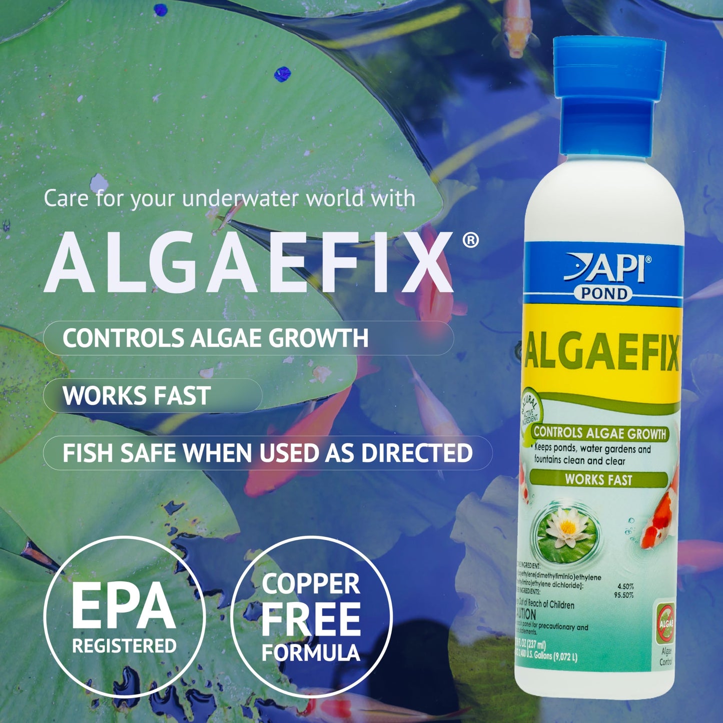 API POND ALGAEFIX (1 gallon) Pond Algae Control - Copper Free - Clean, Clear Water - Up to 38400 Gallons - Safe for Fish, Plants - Water Gardens, Fountains - Natural Active Ingredient - EPA-Registered