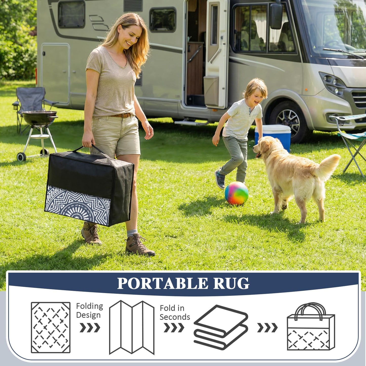 famibay Outdoor Rug Waterproof 6ft Round, Reversible Boho Plastic Straw Patio Camping Area Rugs, Portable Indoor Outdoor RV Mat for Deck, Porch, Balcony, Backyard, Picnic, Beach, Pool, Blue & White