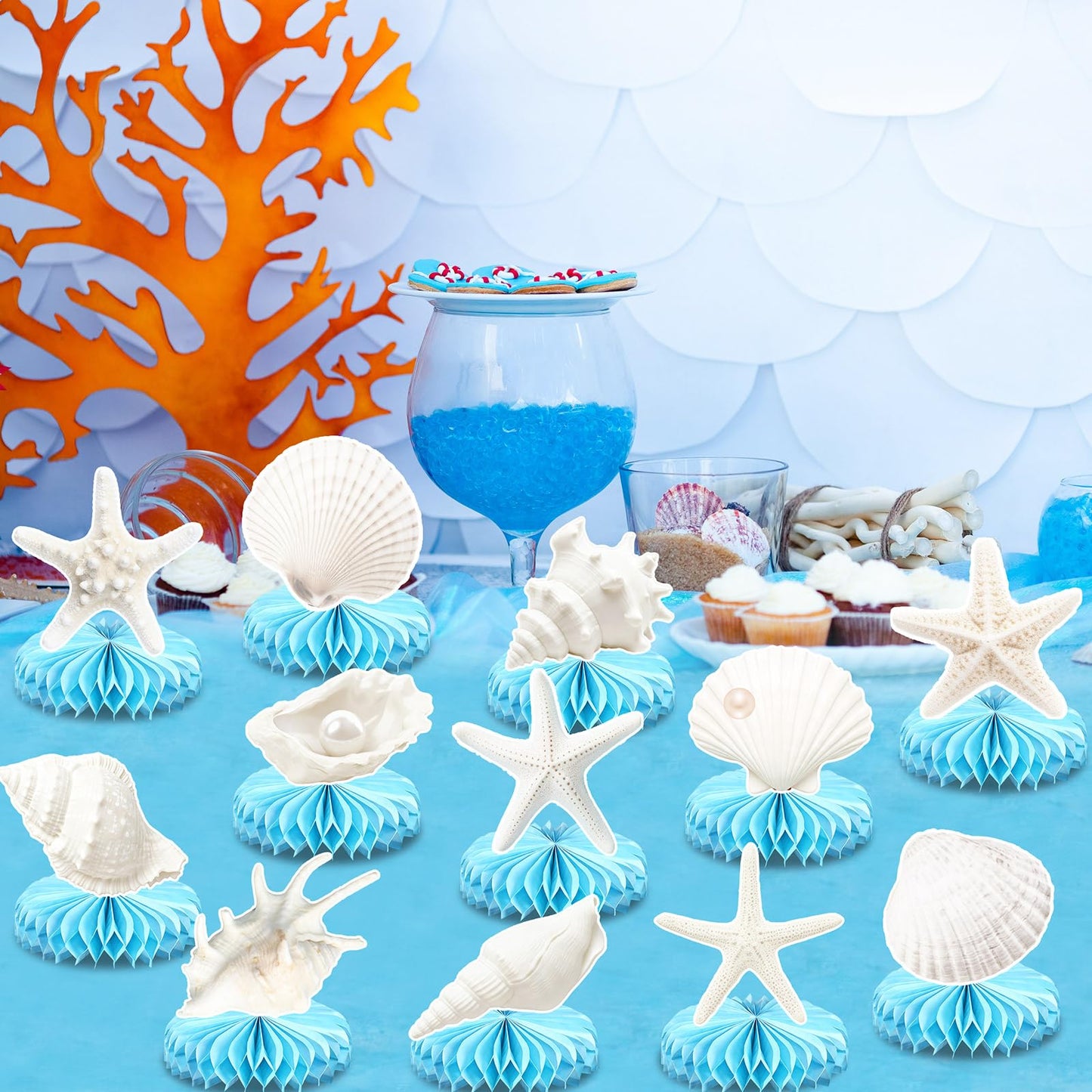 12Pcs Under the Sea Party Honeycomb Decoration Ocean Seashell Centerpieces for Table Coastal Beach Party Table Decoration Seashell Starfish Centerpieces Decor for Nautical Birthday Party Supplies