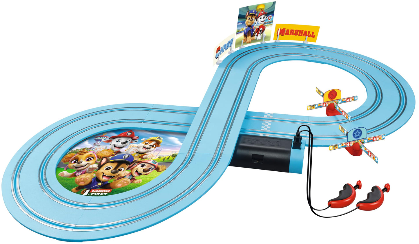 Carrera First PAW Patrol - On The Track Slot Car Race Track - Includes 2 Cars: Chase and Marshall - Battery-Powered Beginner Racing Set for Kids Ages 3 Years and Up