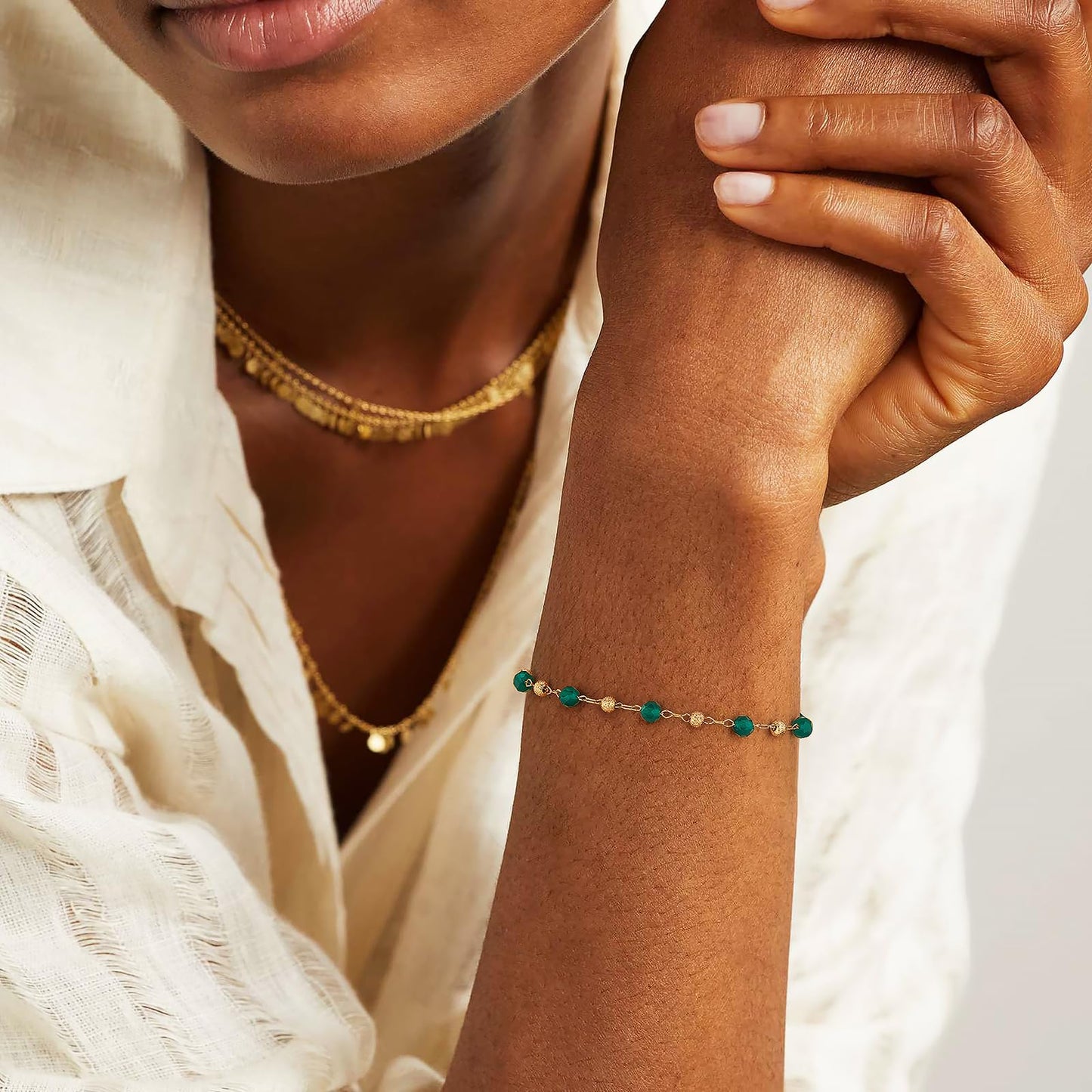 MEVECCO Gold Bracelet for Women 18K Gold Plated Green Agate Stone Custom Handmade Mixed Beads Charm Chain Bracelet Stack Jewelry Gifts