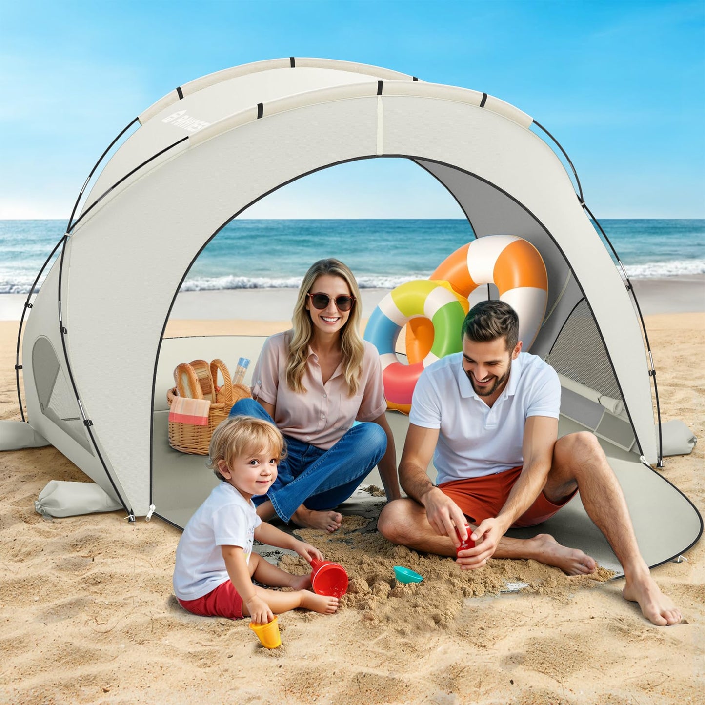 Raynesys Beach Tent Sun Shelter, Beach Shade Tent with UPF50+ UV Protection, Sun Shelter for 1-3 Person, Beaches Shade with 2 Zippered Doors, Portable Tents for Camping Fishing, Beige