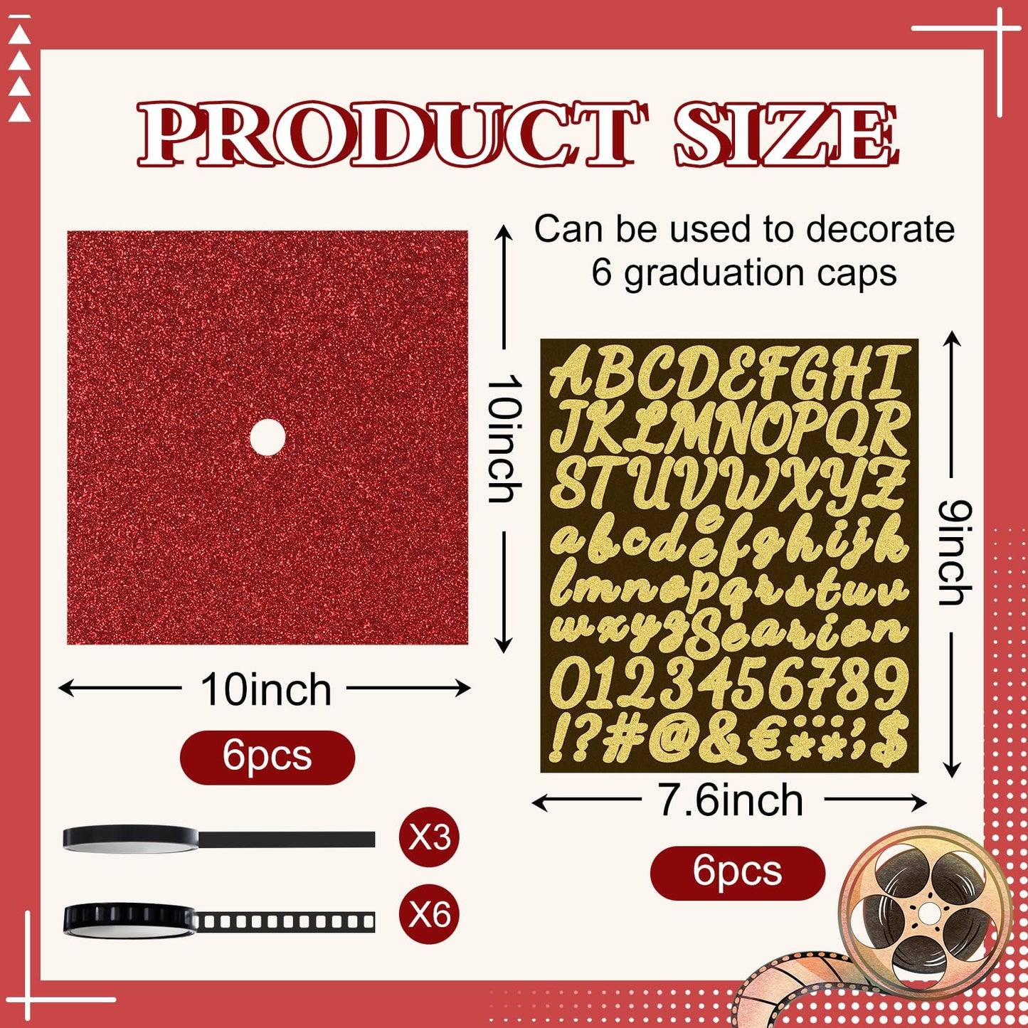 Gersoniel 6 Sets Graduation Cap Topper Decoration Kit for 2026,Glitter Cardstock,Film Style Tape & Letter Sticker Construction Paper for Graduation Cap for Grad Party Craft DIY Decor(Red)