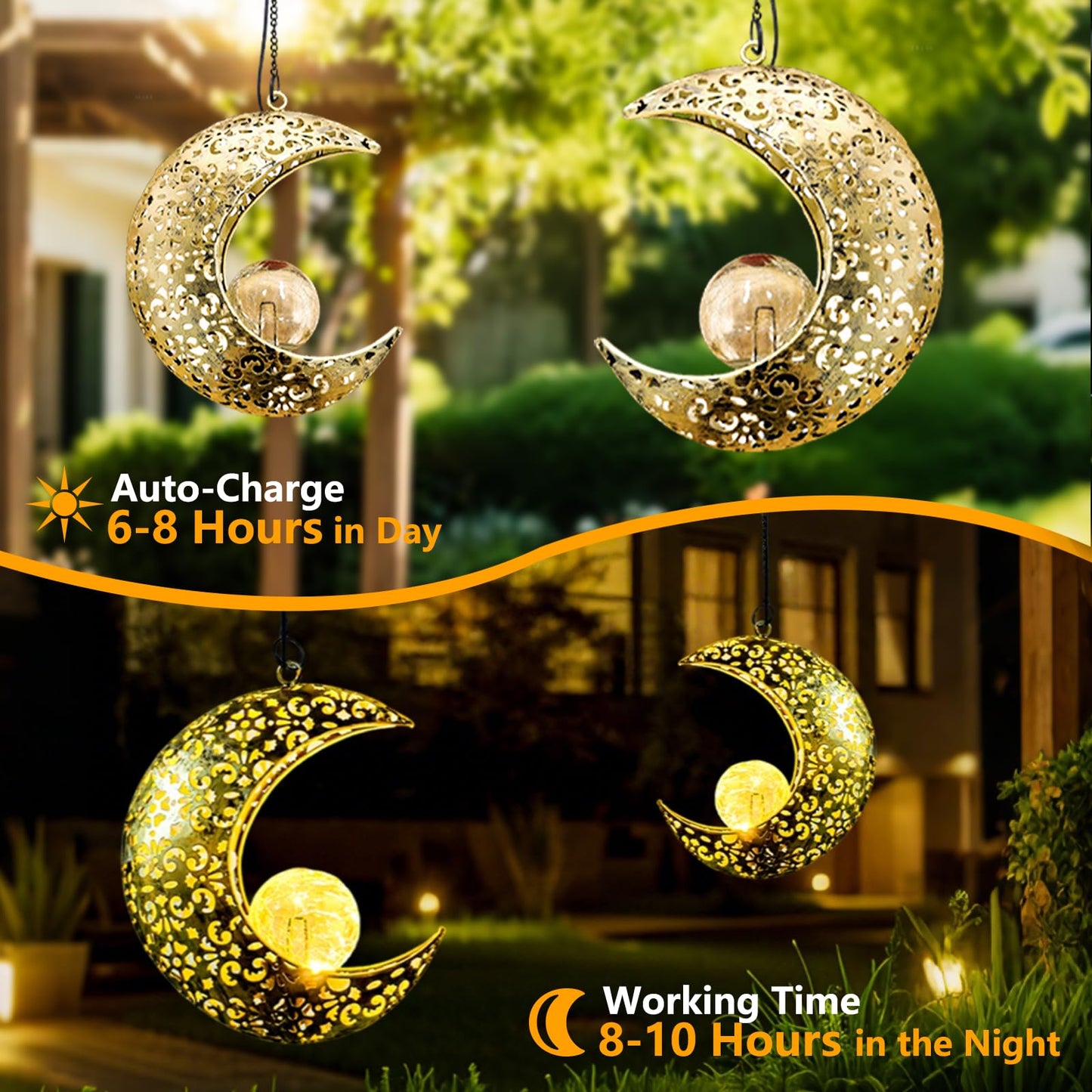 QCF Solar Garden Hanging Moon Lights Outdoor Decor,2 Pack Metal Lanterns Art Decorations for Outside Yard Lawn Patio Wall Fences Driveway Trail,Unique Housewarming Gardening Gifts for Women Mom