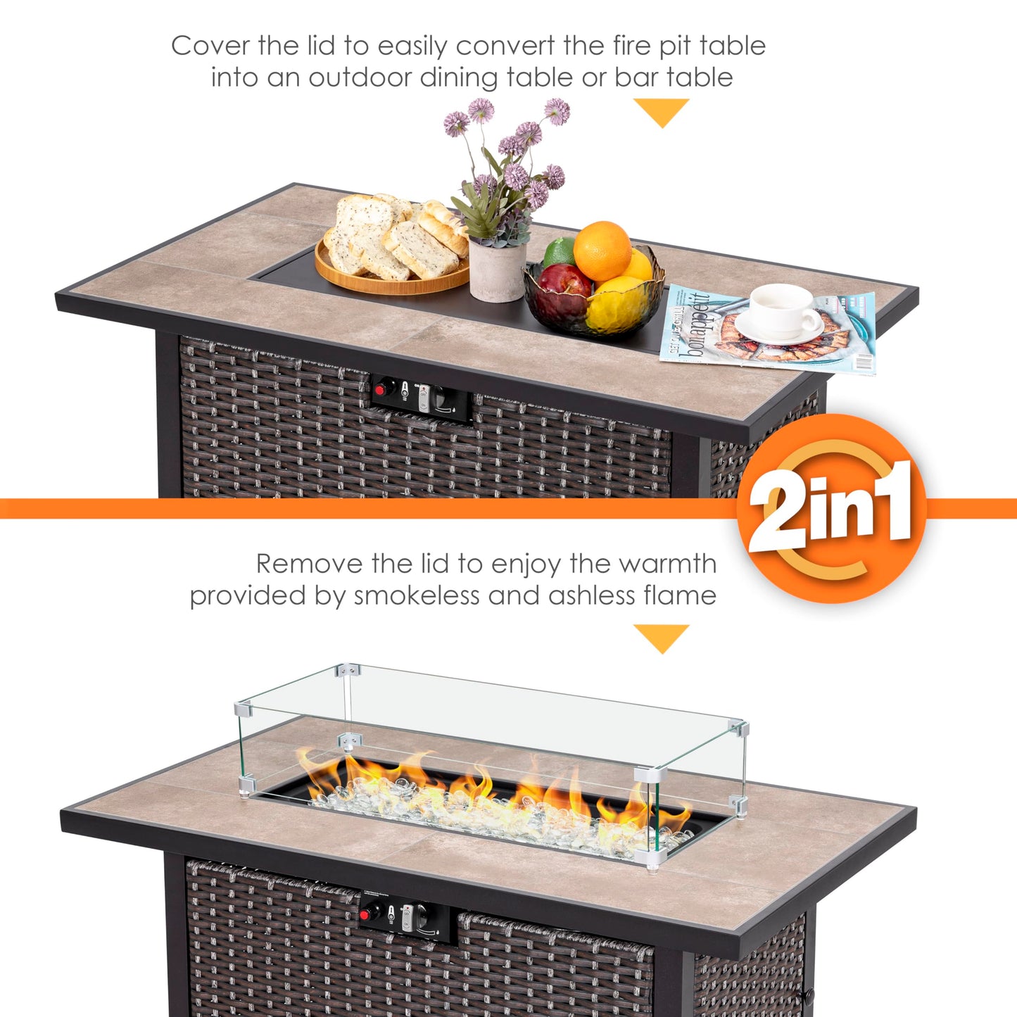 Nuu Garden Outdoor 43" 50,000 BTU Propane Gas Fire Pit Table, Ceramic Tabletop and Rattan Weaved Iron Frame, Water-Proof Oxford Cover, Glass Wind Guard, Glass Beads, Lid Included, Dark Brown & Coffee