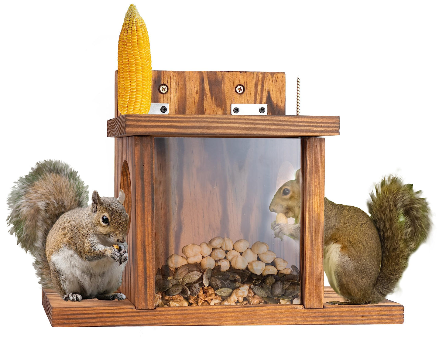 MIXUMON Wood Squirrel Feeder, Squirrel Feeders for Outside Winter, Wooden Chipmunk Feeder for Corn, Peanuts, Durable Box Easy to Fill with Removable Front Panel (Style 1)