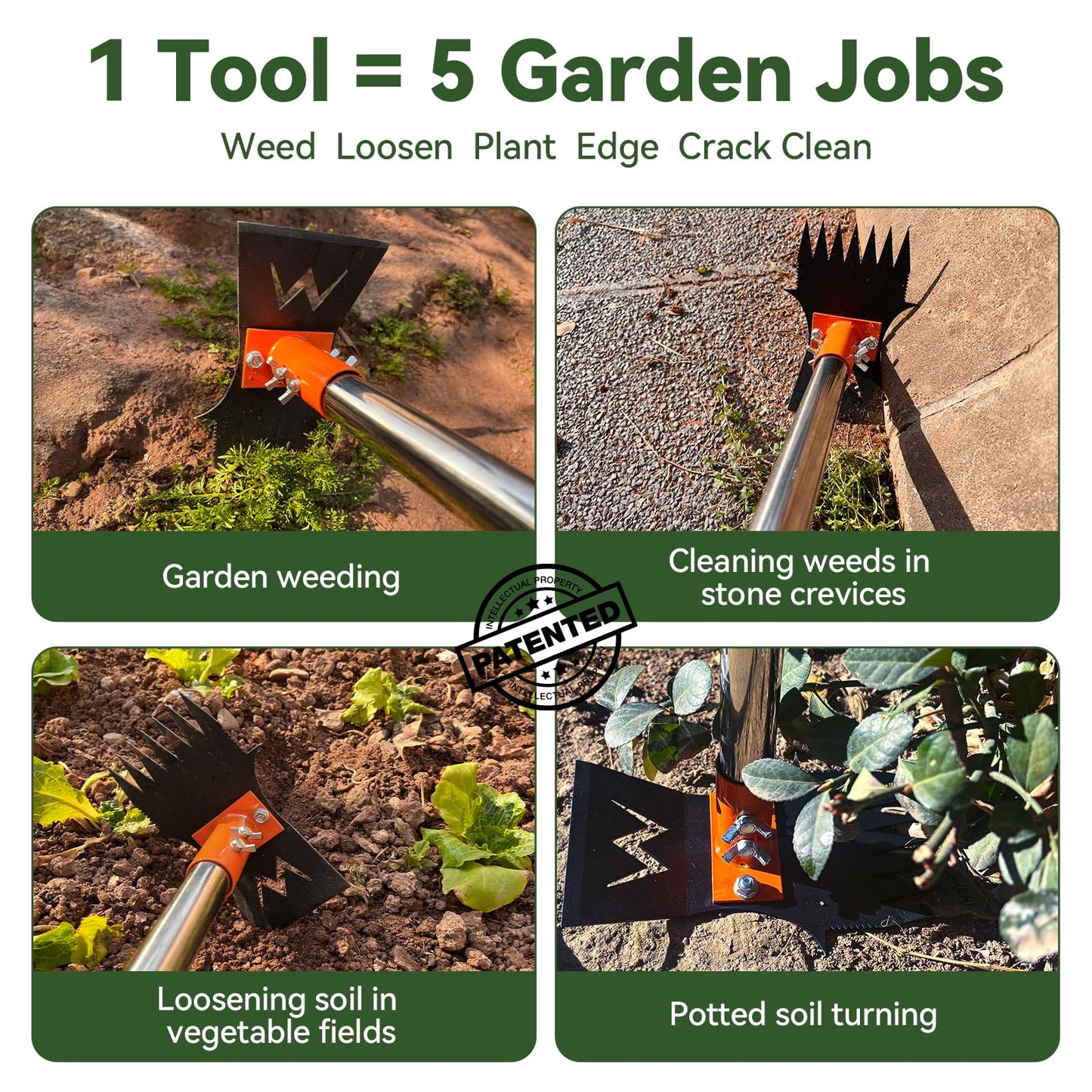 ZORSHUY 4-in-1 Weeding Tool with Hoe, Grabber, Pruning Shears & Scrub Brush,Garden Hoe & Weed Puller Tool with Long Handle,Dandelion Heavy Duty Uprooting Tool for Lawn Yard Garden