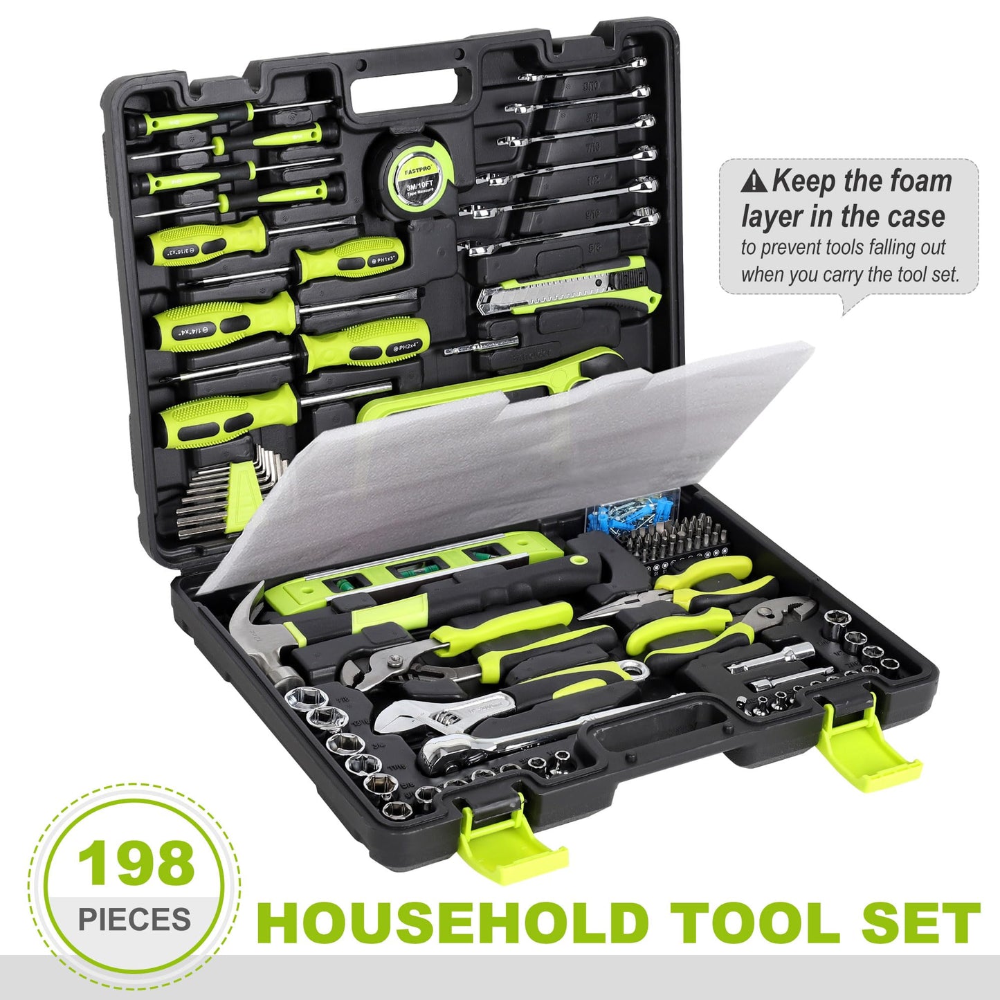 FASTPRO 198-Piece Household Tool Set, Home Repairing Tool Set with Toolbox, SAE Mechanics Hand Tool Kit for DIY, Home Maintenance, Green