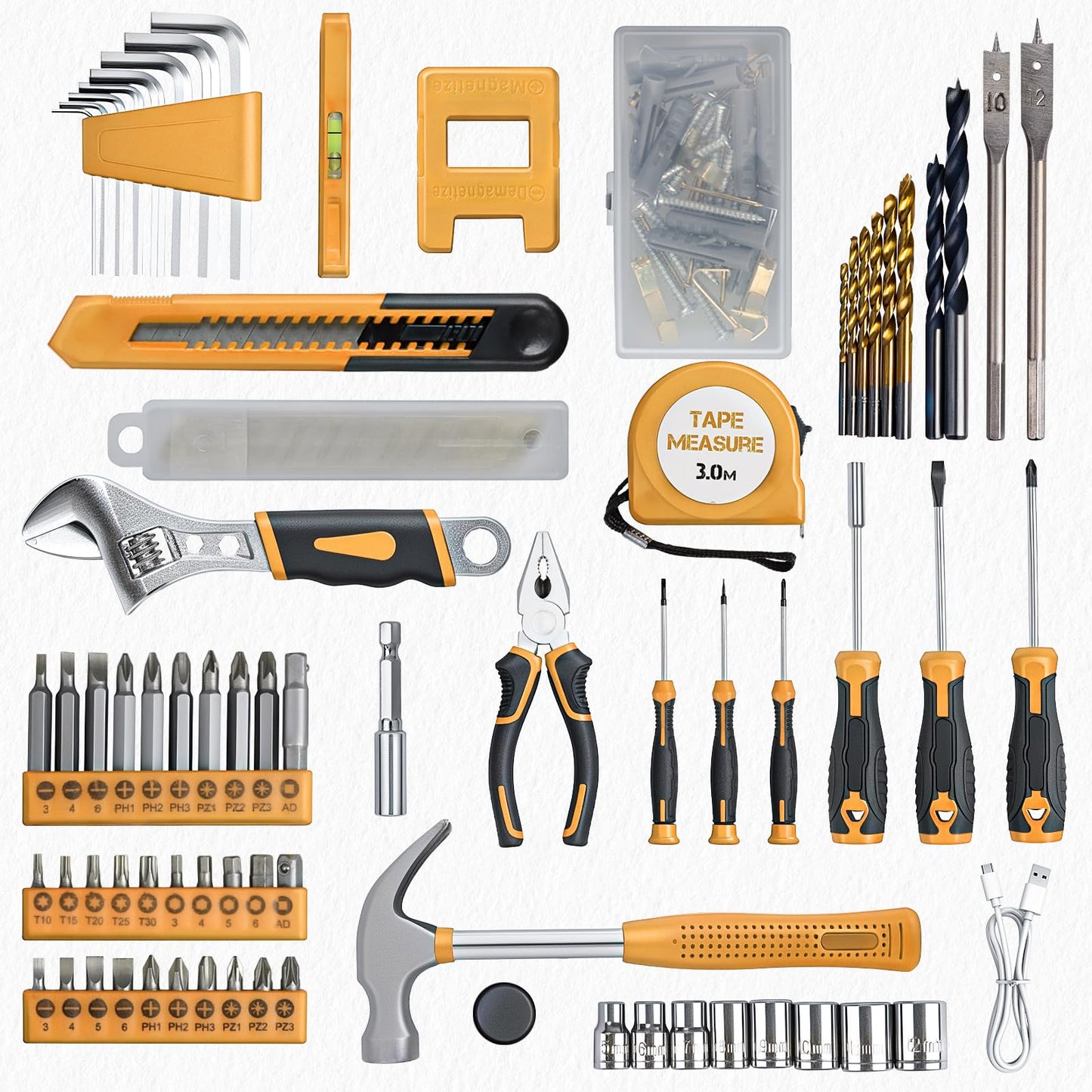 Tool Set - Tool Kit with 8V Cordless Drill, 132 Piece Tool Box with Drill, Home Tool Kits for Men & Women, Hand Drill Set Perfect for Homeowner, Diyer, Handyman-Yellow