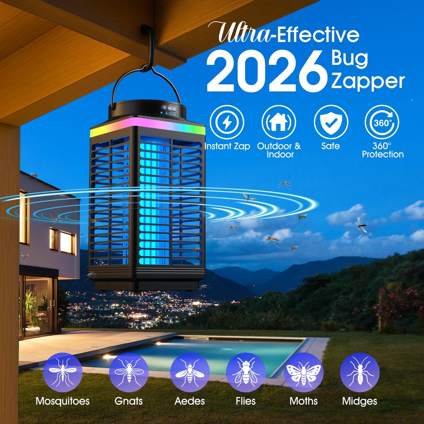 Bug Zapper Outdoor, 4-in-1 4200V Electric Mosquito Zapper, Rechargeable Bug Zapper Cordless Fly Zapper with 5000mAH Battery, Waterproof IP68, Portable & Wireless Insect Zapper for Patio Camping Home