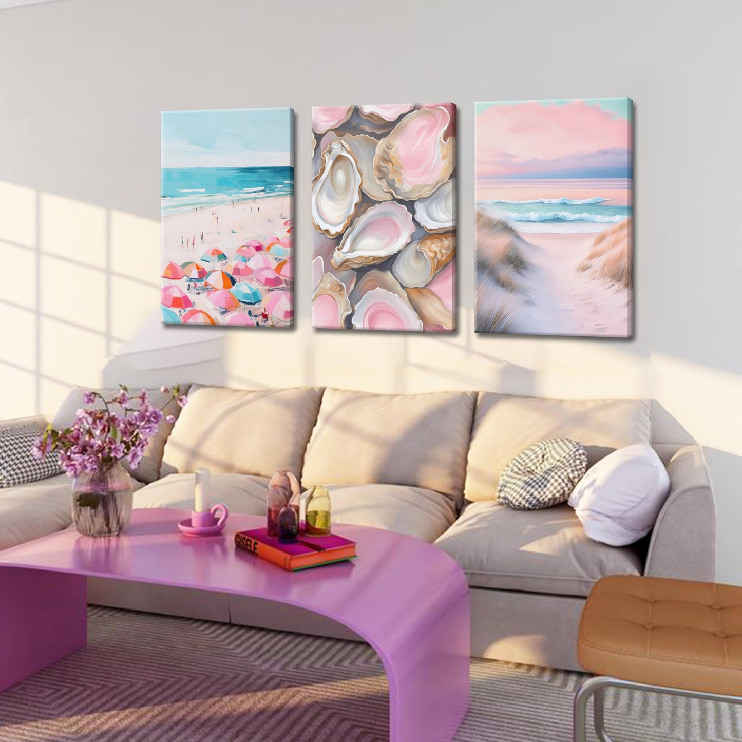 Preppy Coastal Canvas Wall Art Set of 3, Trendy Pink Beach Wall Decor Paintings, Summer Beachy Shells Oyster Aesthetic Posters Prints Pictures for Girls Room Dorm Bathroom Bedroom 16x24 Inch Framed