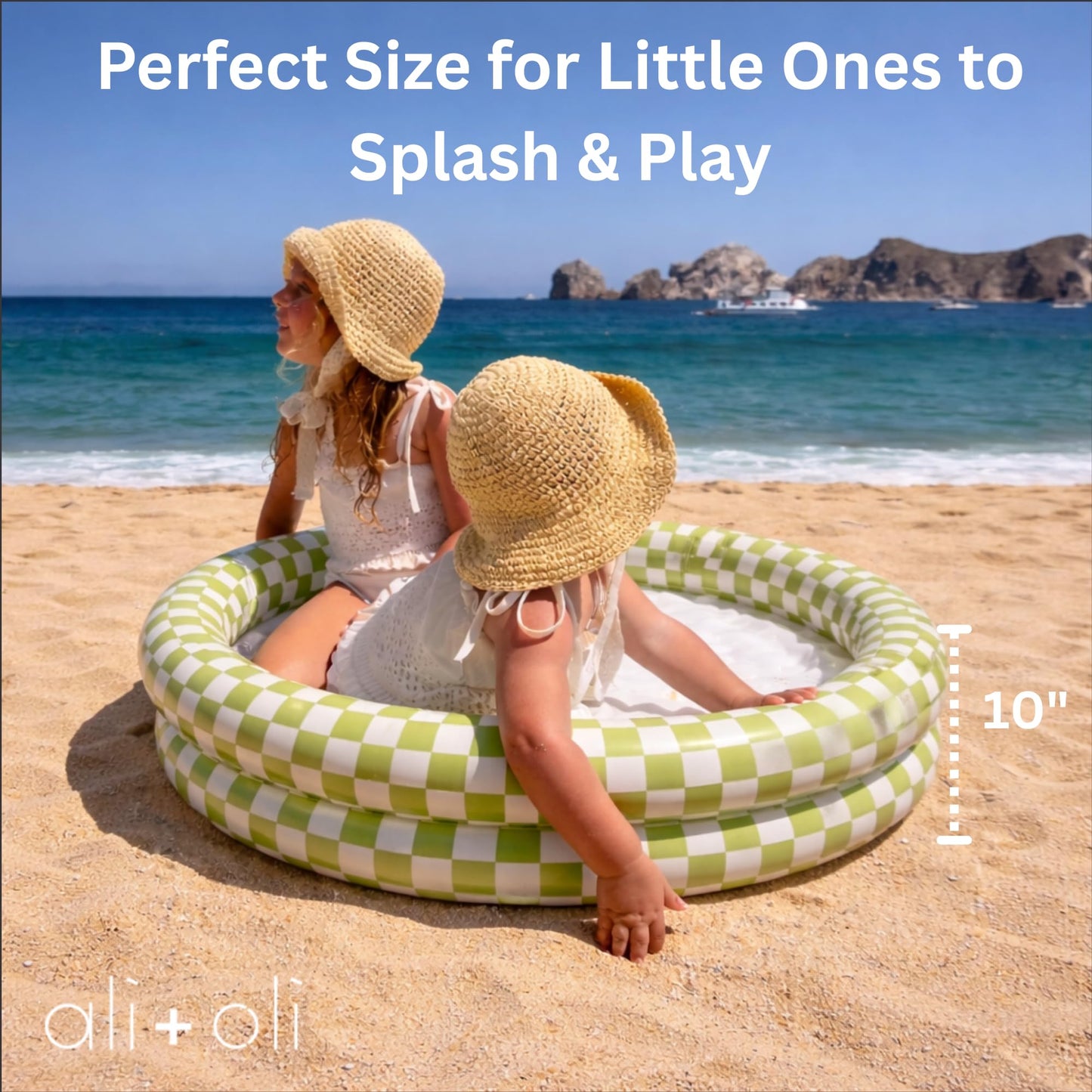 Ali+Oli Two-Ring Inflatable Kiddie Pool | Baby and Toddler Pool for Backyard Water Play | Soft Inflatable Family Pool | Summer Outdoor Use | Green Checkers Pattern