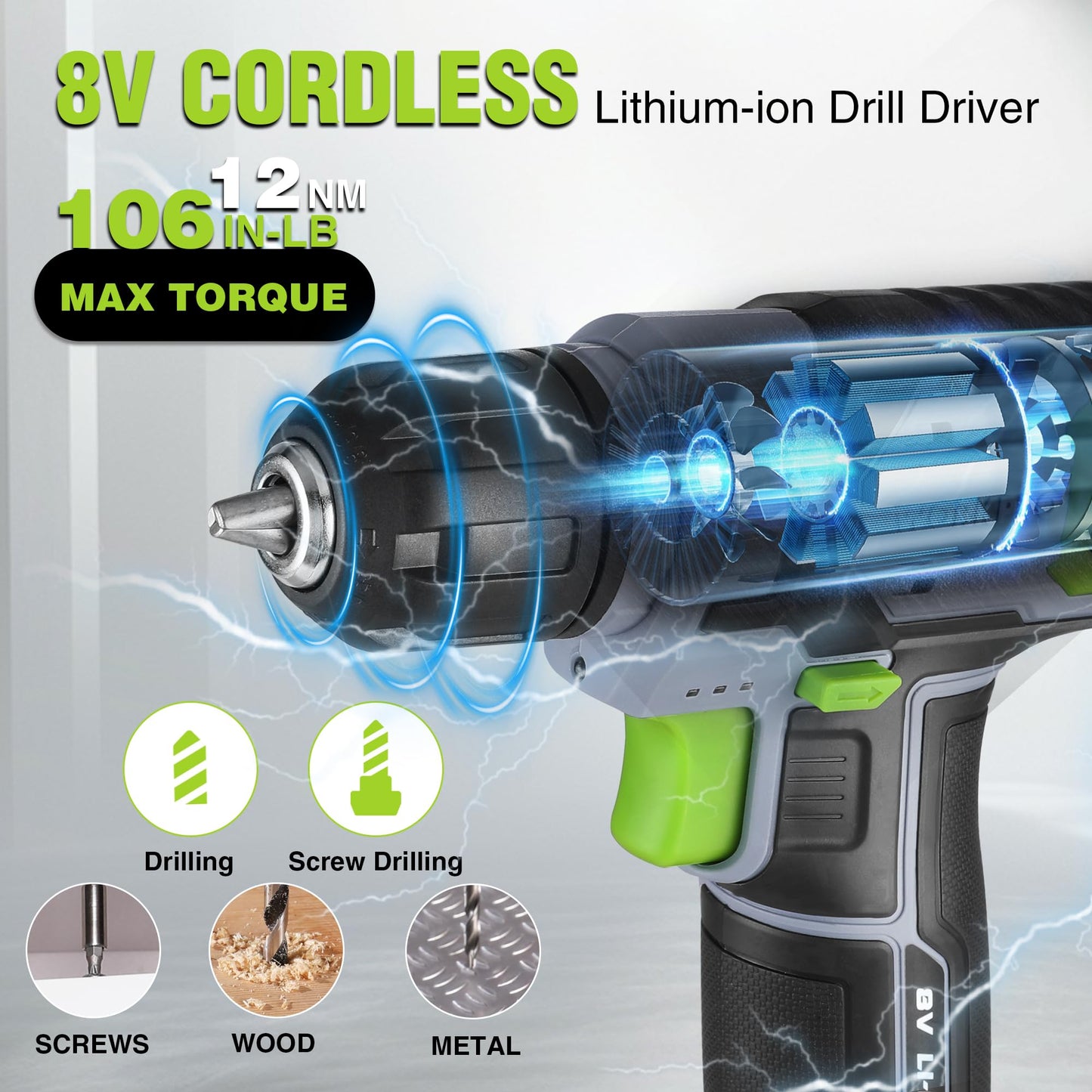 WORKPRO 43PCS Cordless Lithium-ion Drill Driver & Toolbox, 8V 2.0 Ah Power Drill Set with Household Hand Tool Kit, Battery Powered Screwdriver with Stackable Tool Box