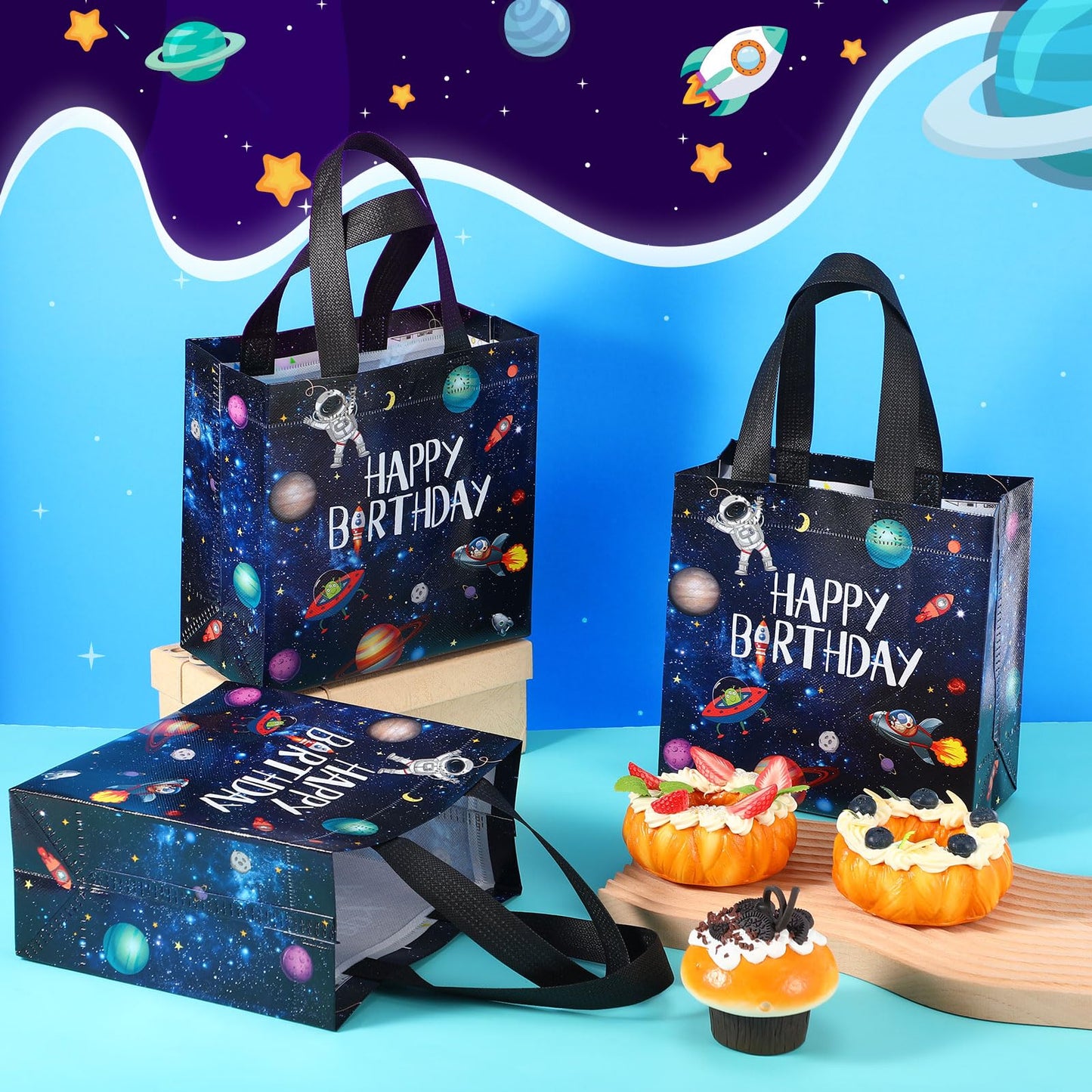 Tiamon 30 Pcs Outer Space Birthday Party Favor Bags Bulk Space Happy Birthday Gift Bags with Handles Reusable Non Woven Planet Goodie Treat Astronaut Present for Galactic Solar System Party Supplies