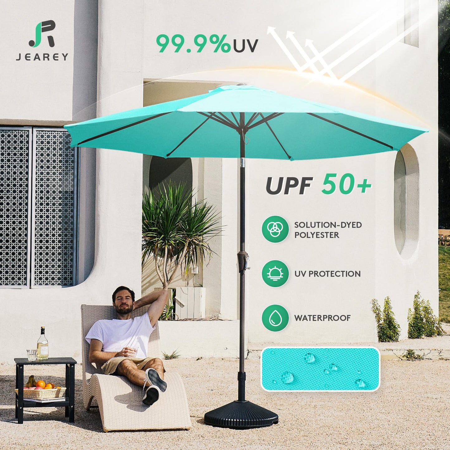 JEAREY 9FT Outdoor Patio Umbrella Outdoor Table Umbrella with Push Button Tilt and Crank, Market Umbrella 8 Sturdy Ribs UV Protection Waterproof for Garden, Deck, Backyard, Pool (Peacock Blue)
