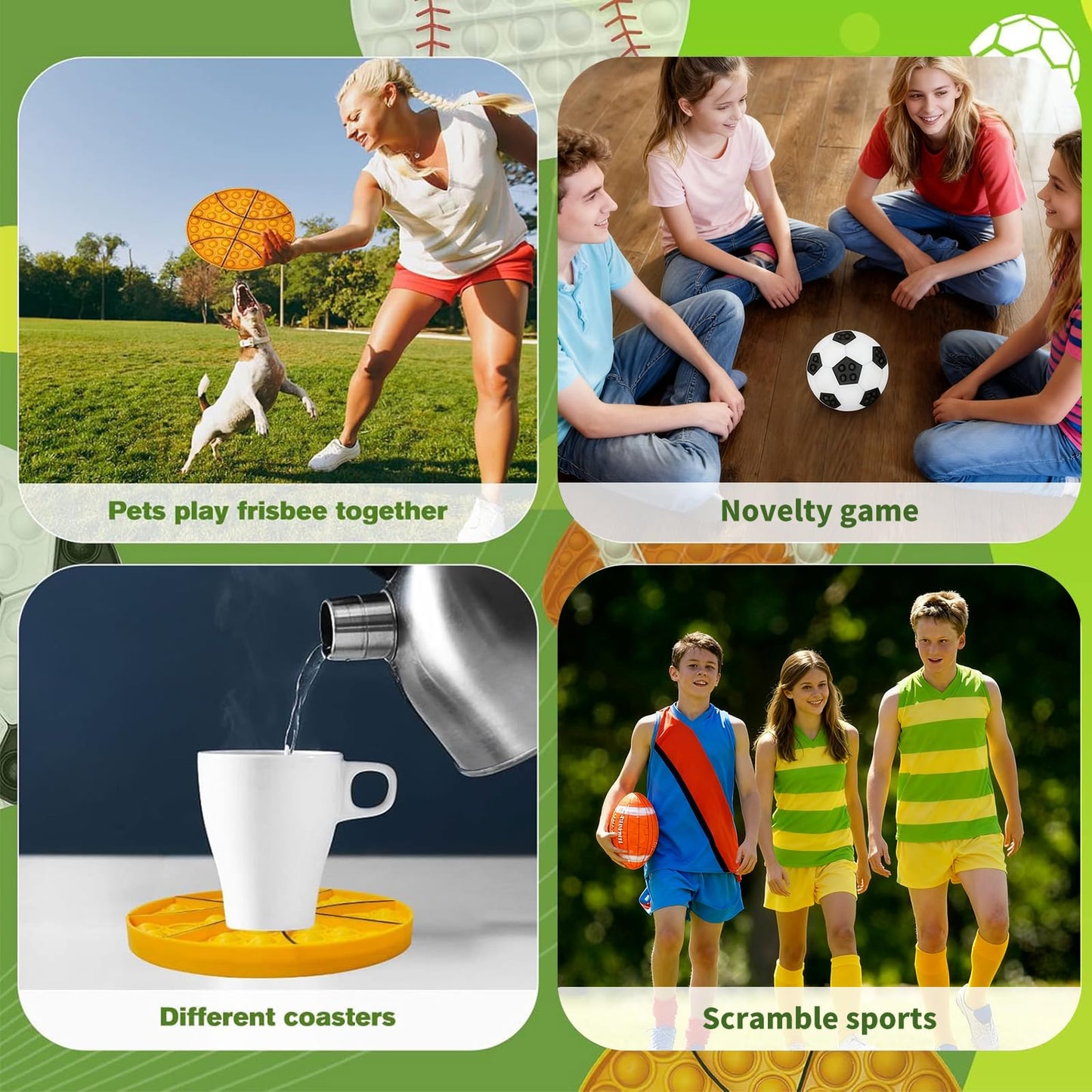 4 Pcs Fidget Toys, Sports Push Bubble Pop Fidget Sensory Toy Football Basketball Baseball Rugby, Squeeze Toys Set for ADHD Autism Stress Relief Toy Gift