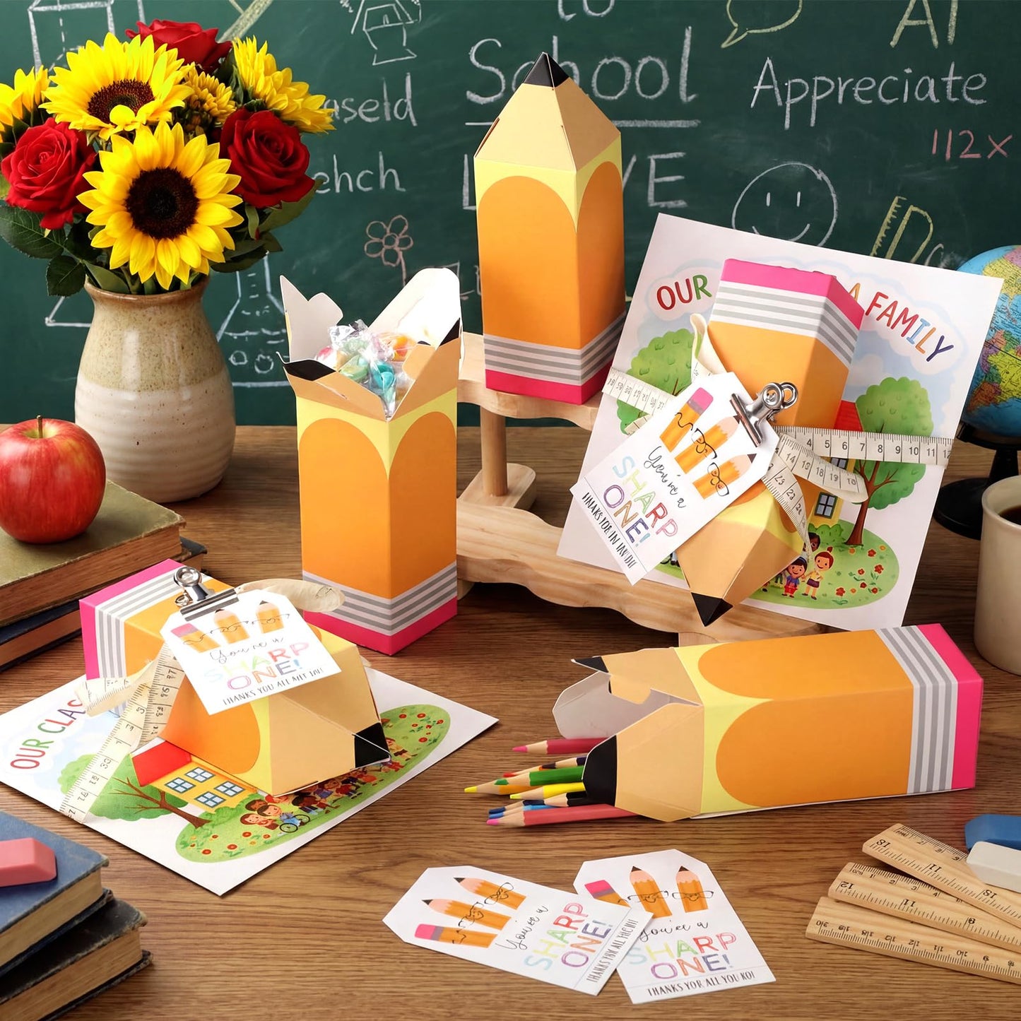 Gueevin 6 Set End of Year Gift Pencil Gift Boxes with Our Class Is a Family Greeting Cards Teacher Appreciation Pencil Treat Boxes for Graduation Party Favor Supplies