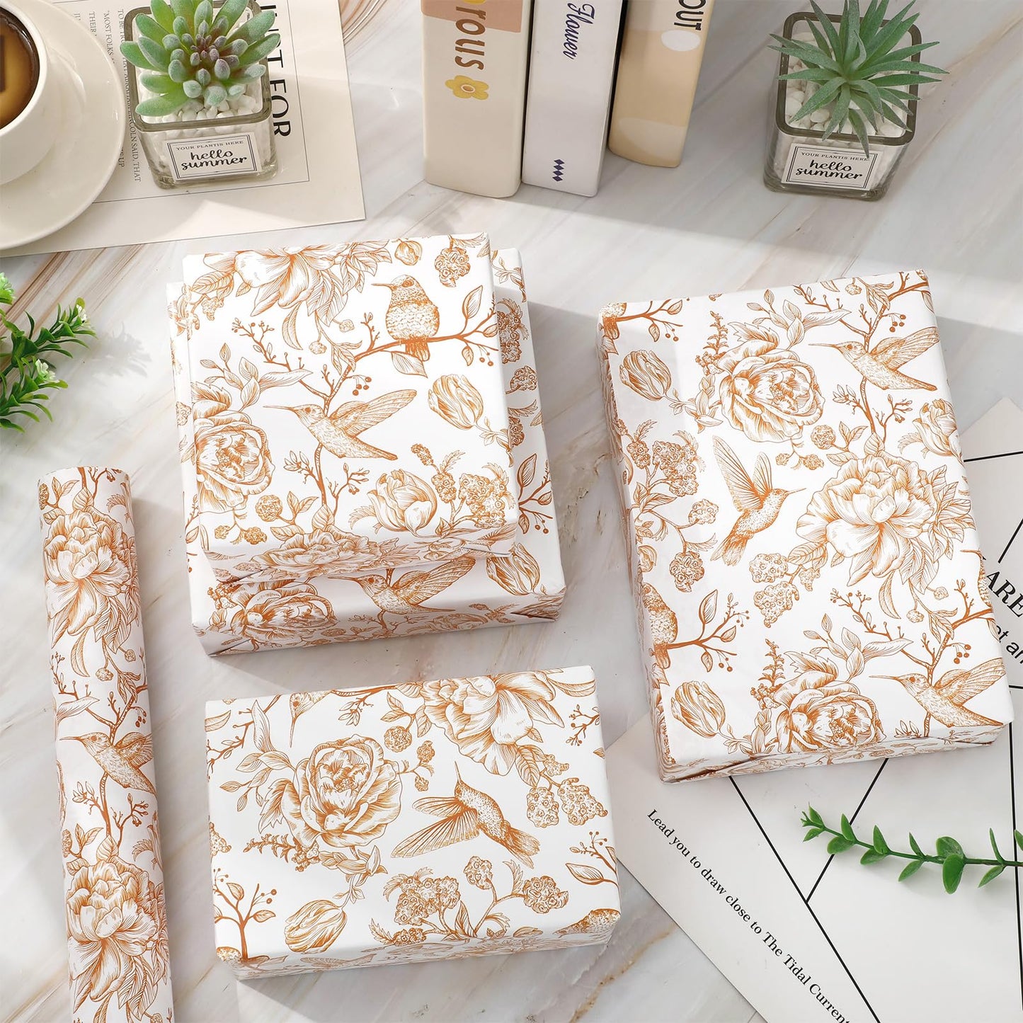 FYSUIMU Orange Floral Wrapping Paper -Mini Roll- 17 In x 32.8 Ft Chinoiserie Birds Flower Gift Wrap Paper for Wedding Baby Shower Birthday Party Wrapping Supplies
