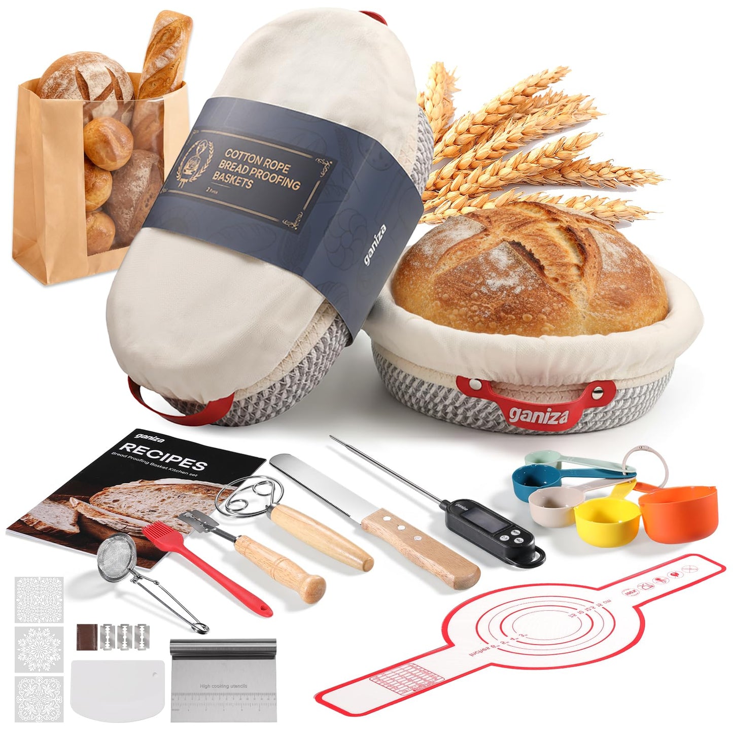 Ganiza Sourdough Starter Kit, Cotton Rope Sourdough Bread Baking Supplies, 9'' Round & 10'' Oval Banneton Basket with Liners & Covers, Sourdough Proofing Basket Kit Gifts for Bakers Women Wife Mom