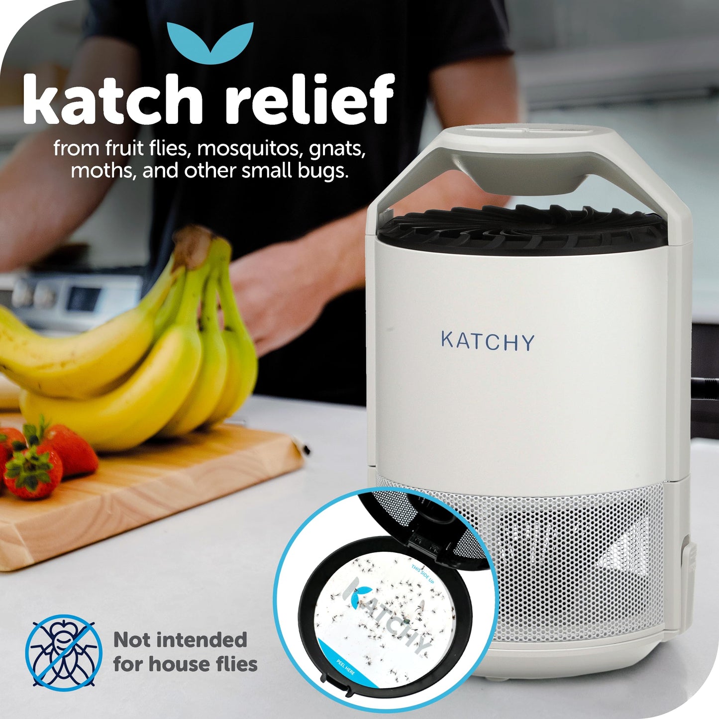 Katchy Indoor Fly Trap– Catcher & Killer for Mosquito, Fruit Fly, Gnat & Small Moth – Non-Zapper Trap with Fan Suction & Blue UV Light – Ideal for Indoor Spaces, Kitchen & Plants (Original, White)