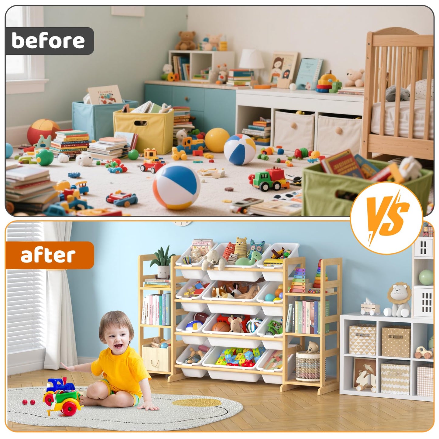 Ratulie Large Toy Storage Organizer Kids Toy Organizer and Bookshelf Combo with 12 Bins and 6 Shelves Toy Organization Box Toy Shelf for Playroom, Bedroom, Nursery